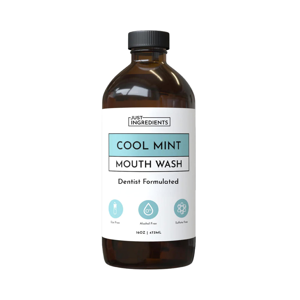 Just Ingredients Cool Mint remineralizing mouthwash bottle highlighting hydroxyapatite for enamel care
