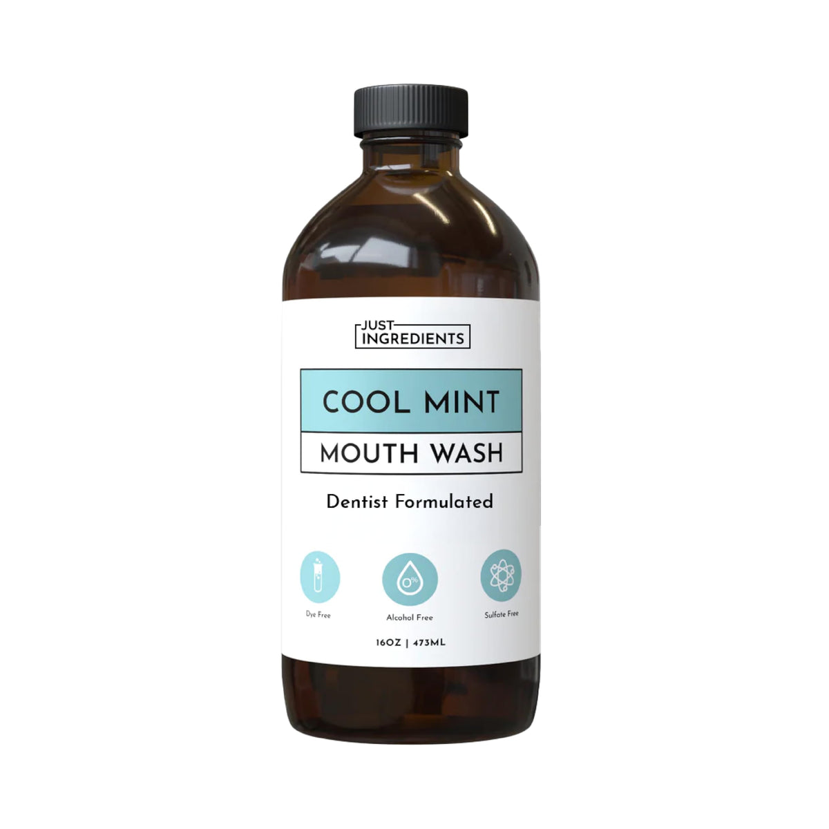 Just Ingredients Cool Mint remineralizing mouthwash bottle highlighting hydroxyapatite for enamel care