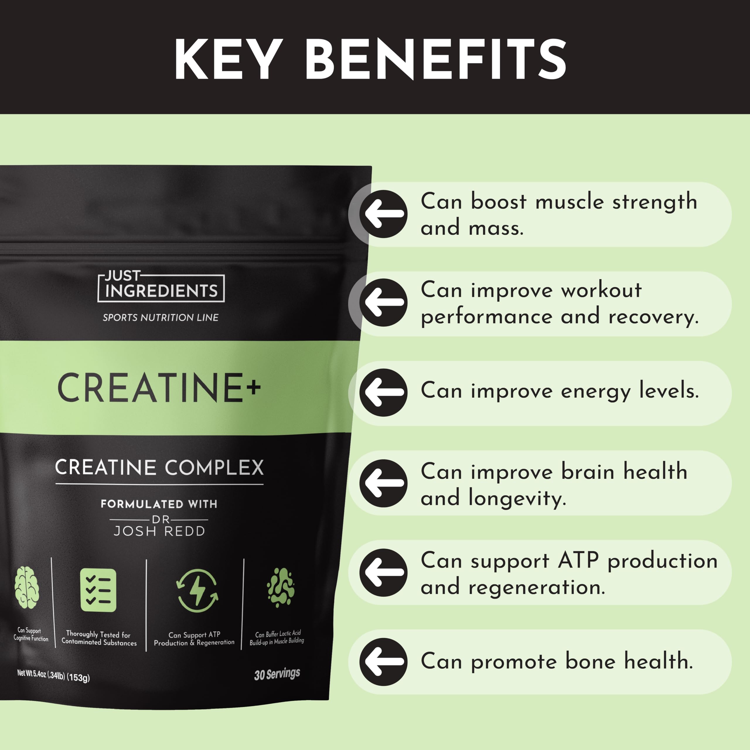 JUST INGREDIENTS Creatine Monohydrate powder bottle without labels emphasizes purity and clean ingredients