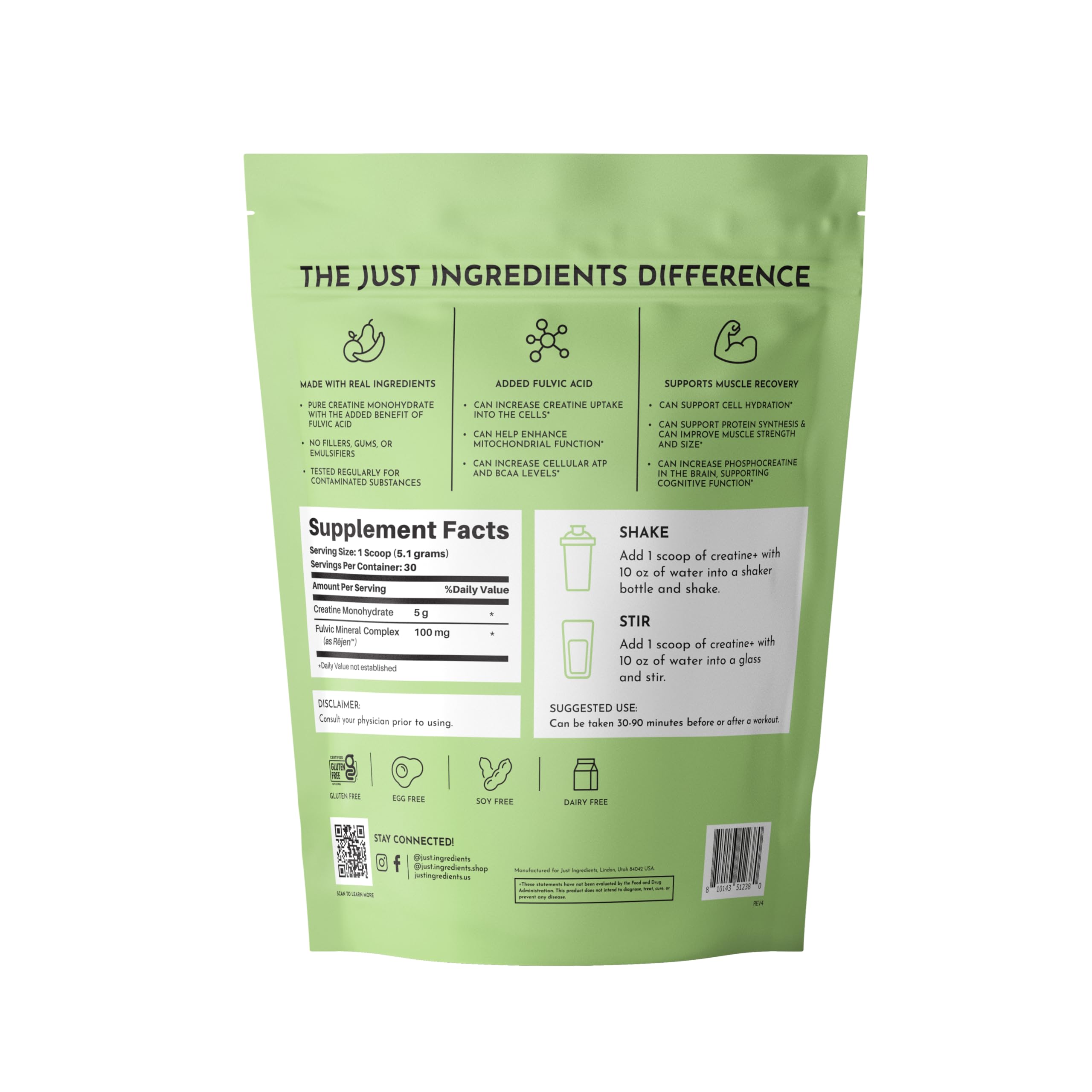 JUST INGREDIENTS Creatine Monohydrate powder scoop demonstrates accurate serving for workouts