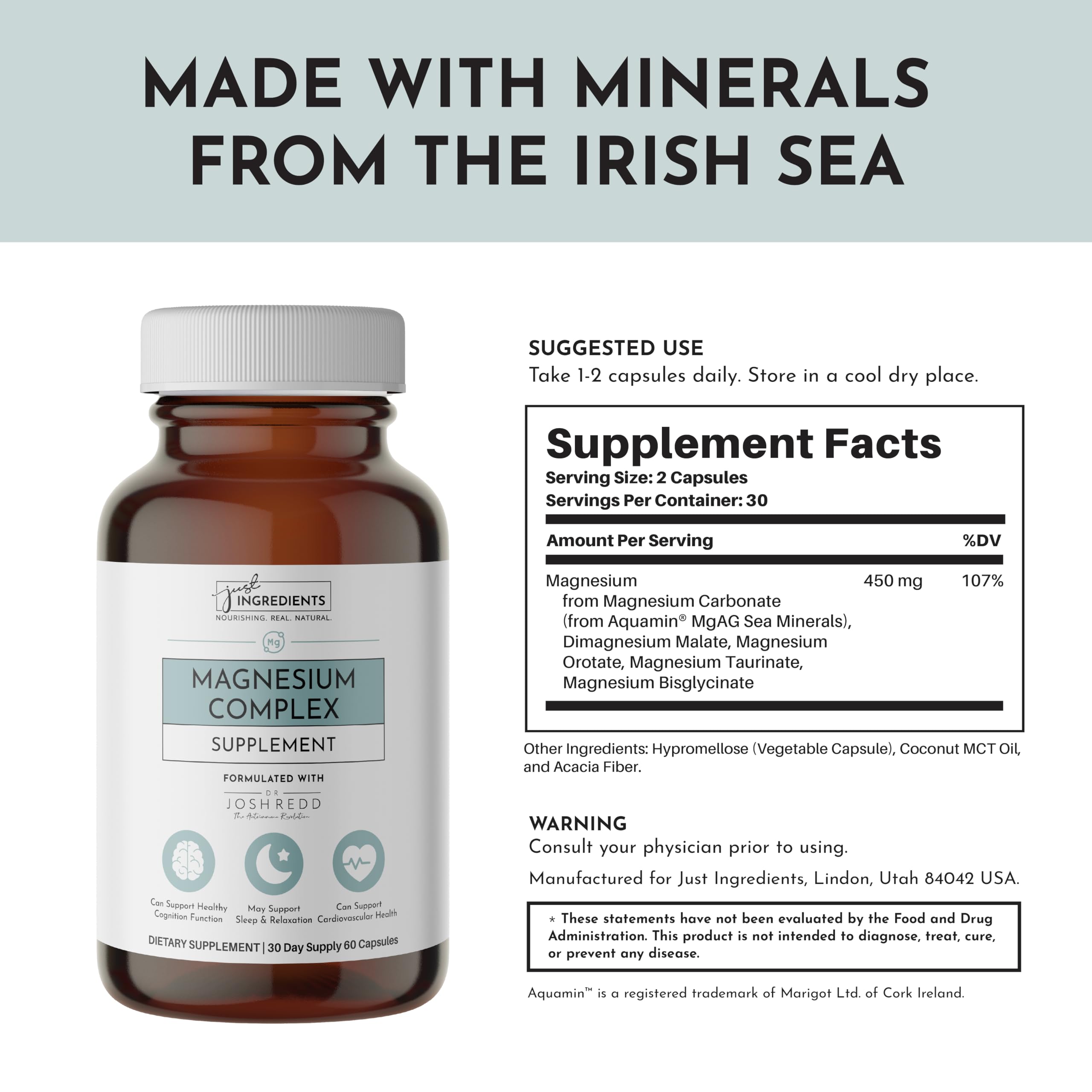 Just Ingredients dosage instructions panel featuring evening use guidance