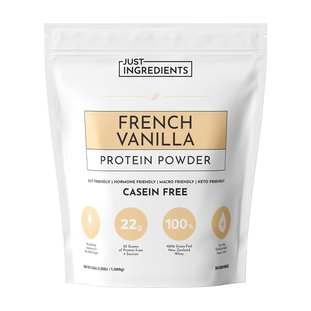 JUST INGREDIENTS French Vanilla Protein Powder bag for daily protein support.