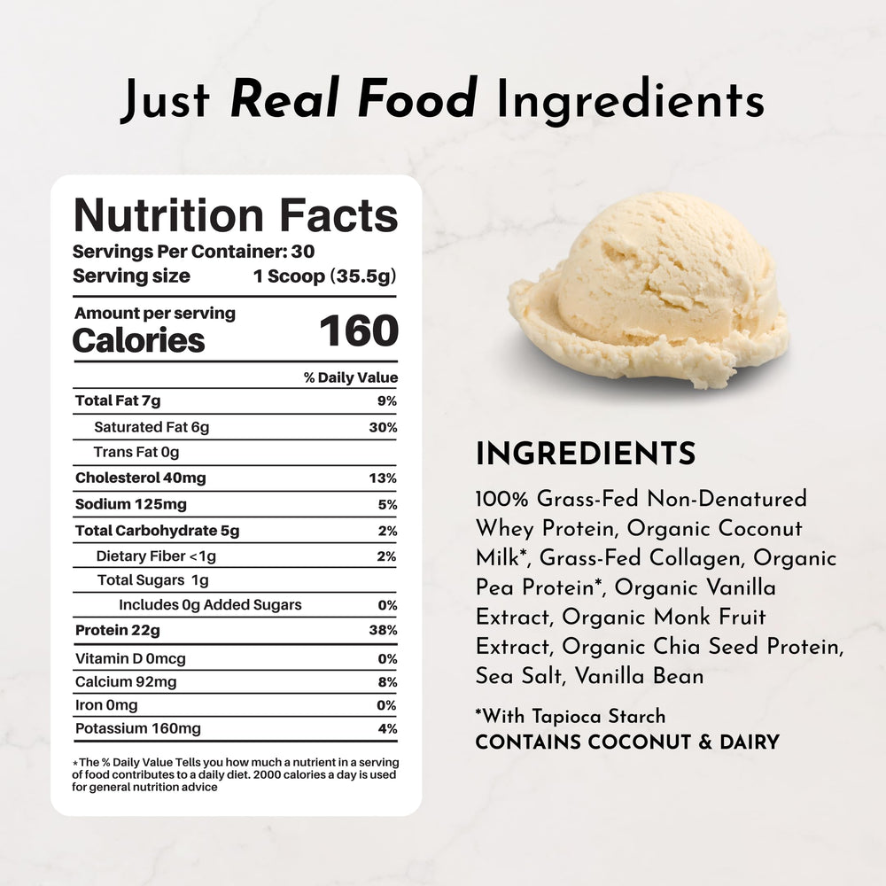 JUST INGREDIENTS French Vanilla Protein Powder scoop ready to blend into shakes.