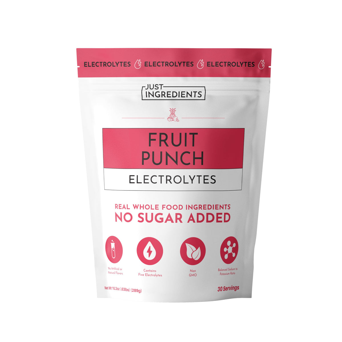 JUST INGREDIENTS Fruit Punch Electrolytes pour shows quick, refreshing hydration on the go