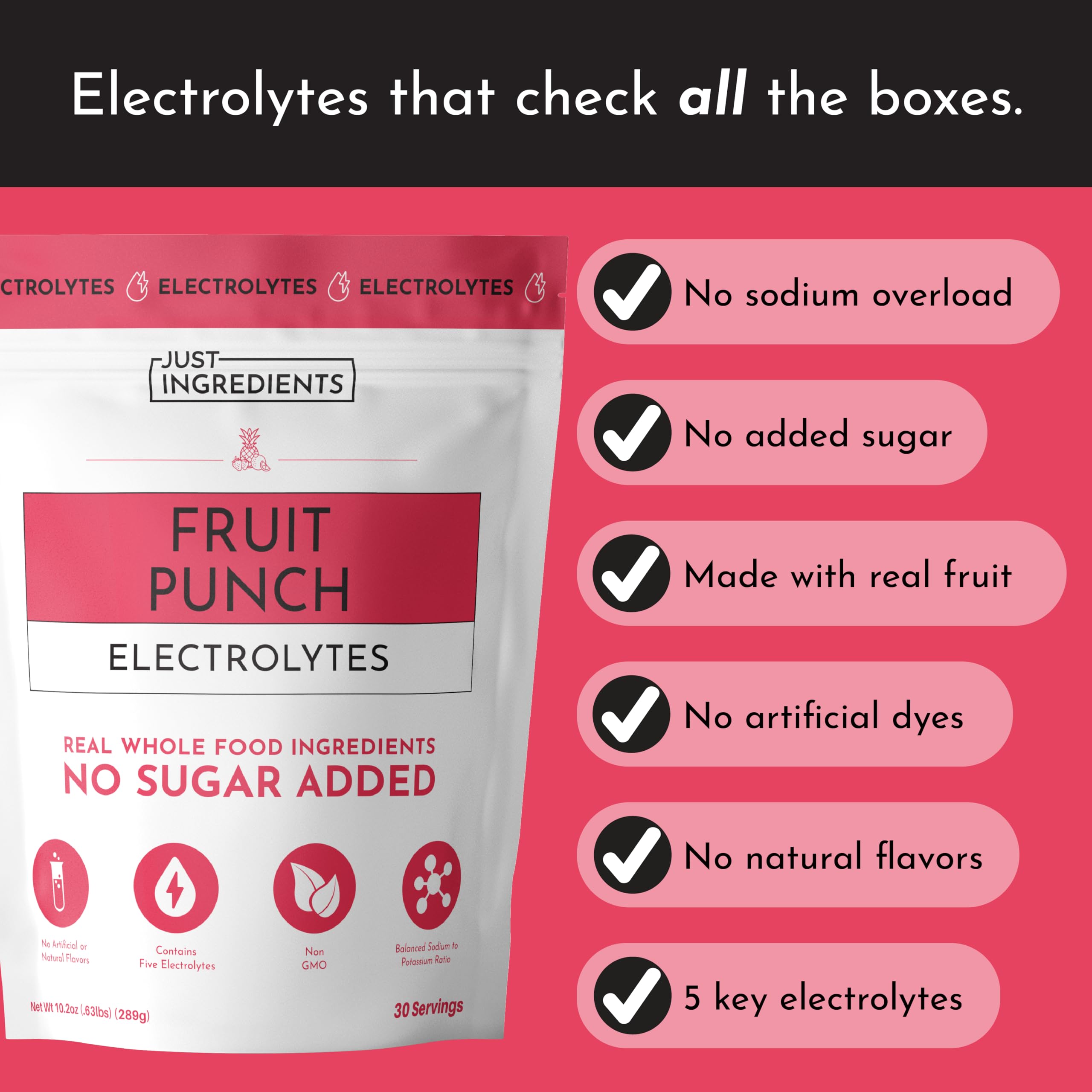 JUST INGREDIENTS Fruit Punch Electrolytes scoop highlights simple mixing after workouts