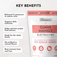 JUST INGREDIENTS Guava Mango Electrolytes mixing glass showing tropical flavor and hydration.