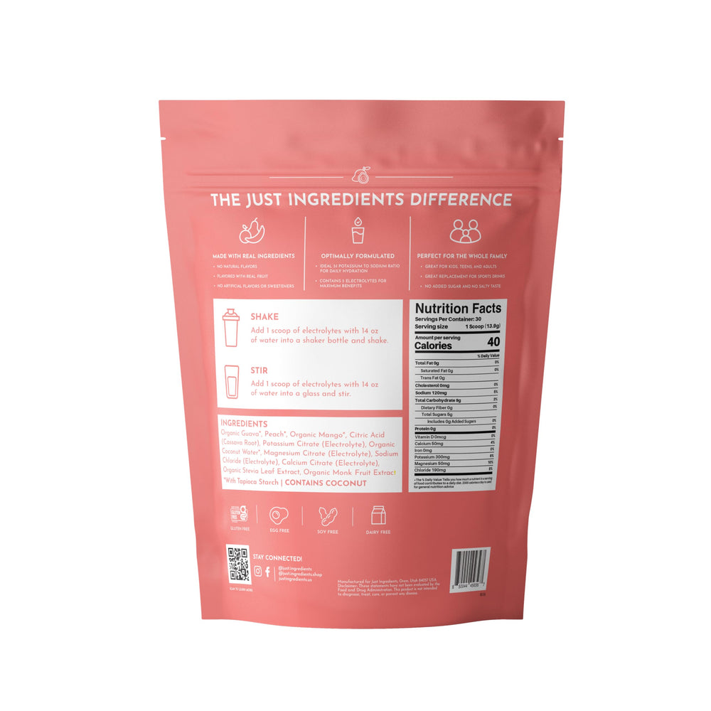 JUST INGREDIENTS Guava Mango Electrolytes powder ready to mix for quick refreshment.