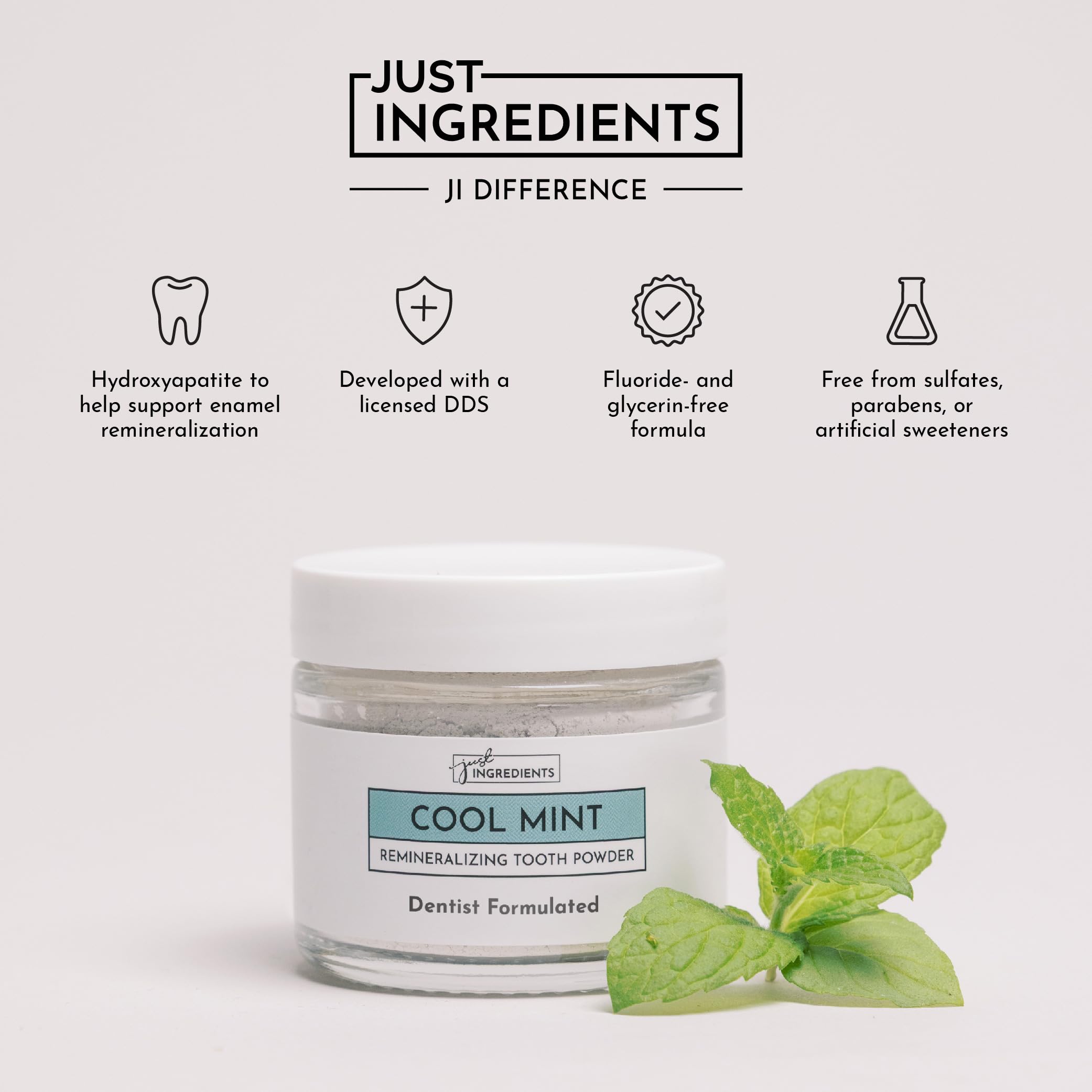 JUST INGREDIENTS ingredients calcium-bentonite closeup highlights real-food minerals for enamel support