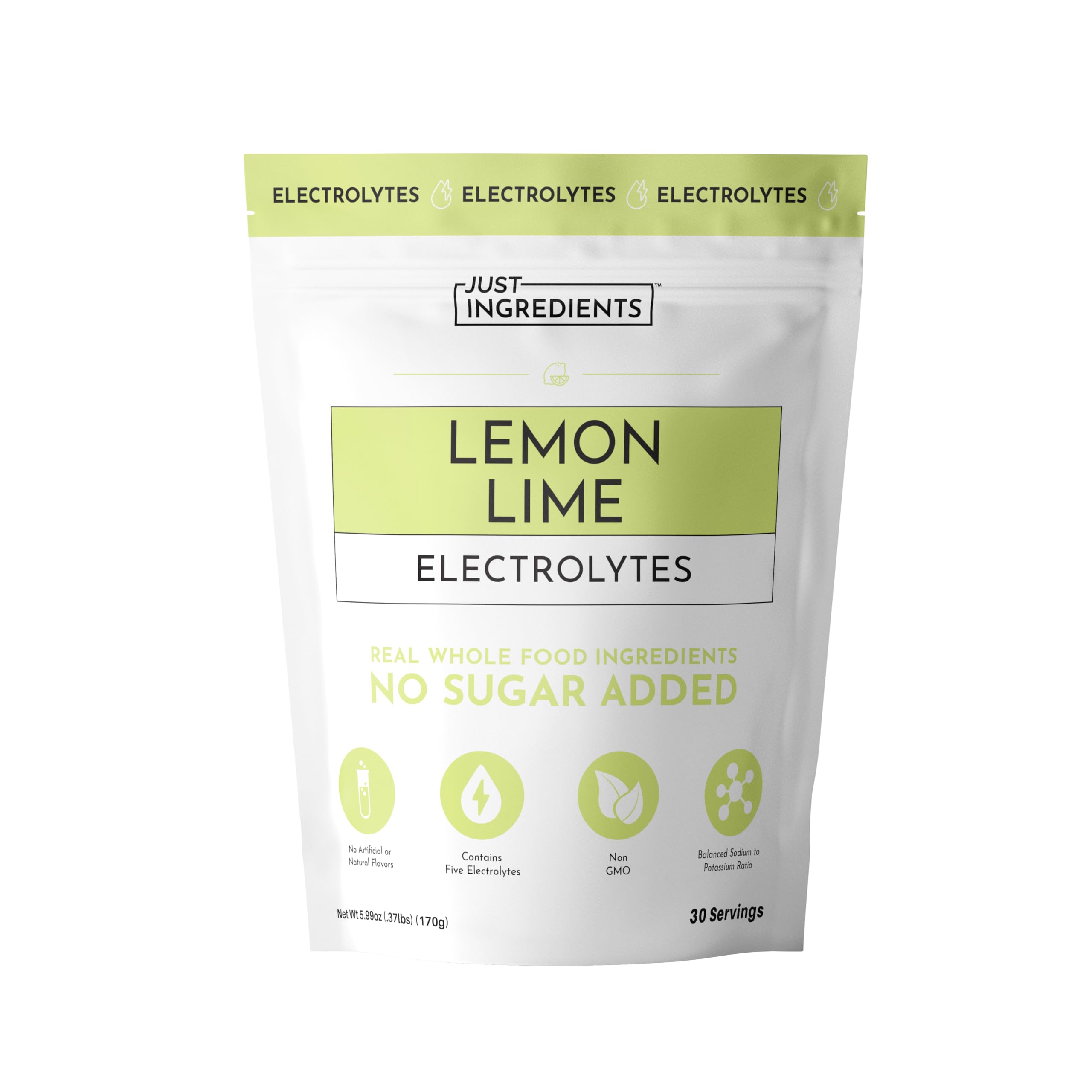 Just Ingredients Lemon Lime Electrolytes bottle-pour shows refreshing hydration for active days.