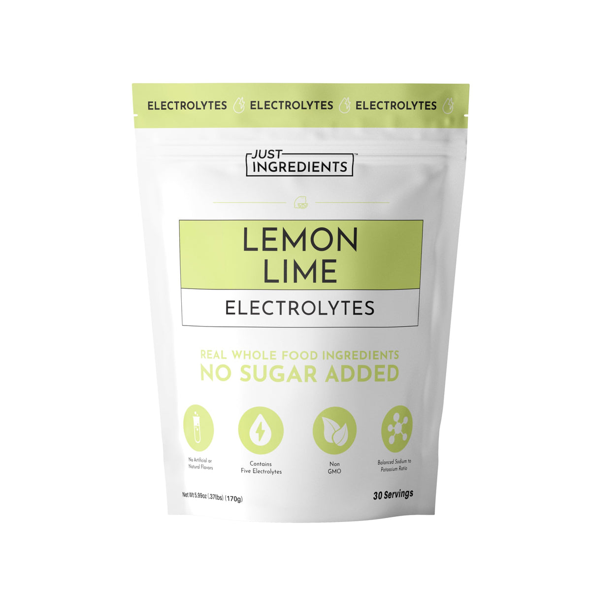 Just Ingredients Lemon Lime Electrolytes bottle-pour shows refreshing hydration for active days.