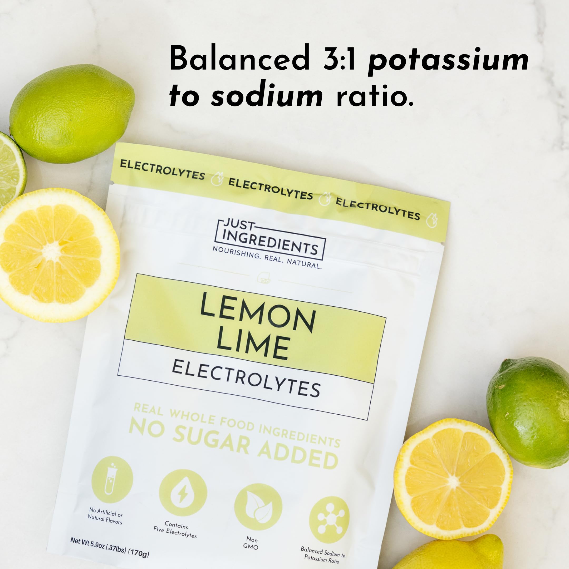 Just Ingredients Lemon Lime Electrolytes coconut-water highlights natural electrolytes supporting fluid balance.
