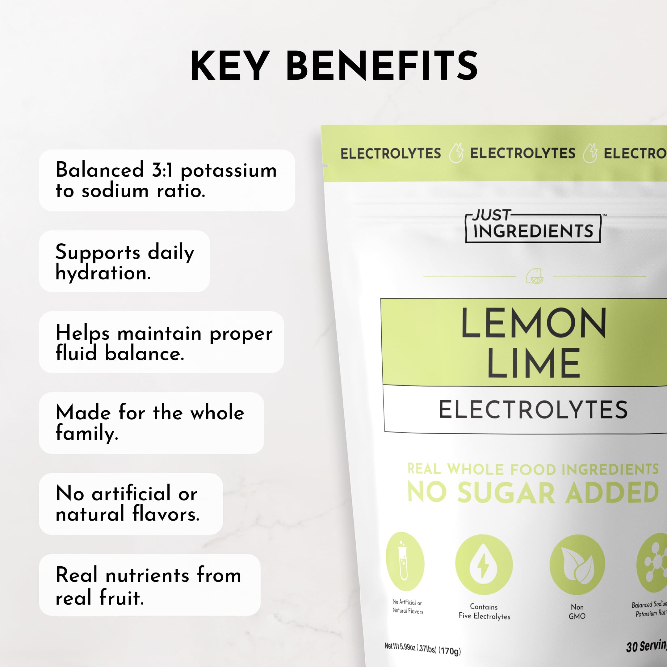 Just Ingredients Lemon Lime Electrolytes real-fruit-extracts deliver clean citrus flavor.