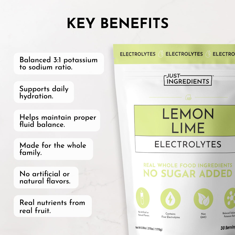 Just Ingredients Lemon Lime Electrolytes real-fruit-extracts deliver clean citrus flavor.