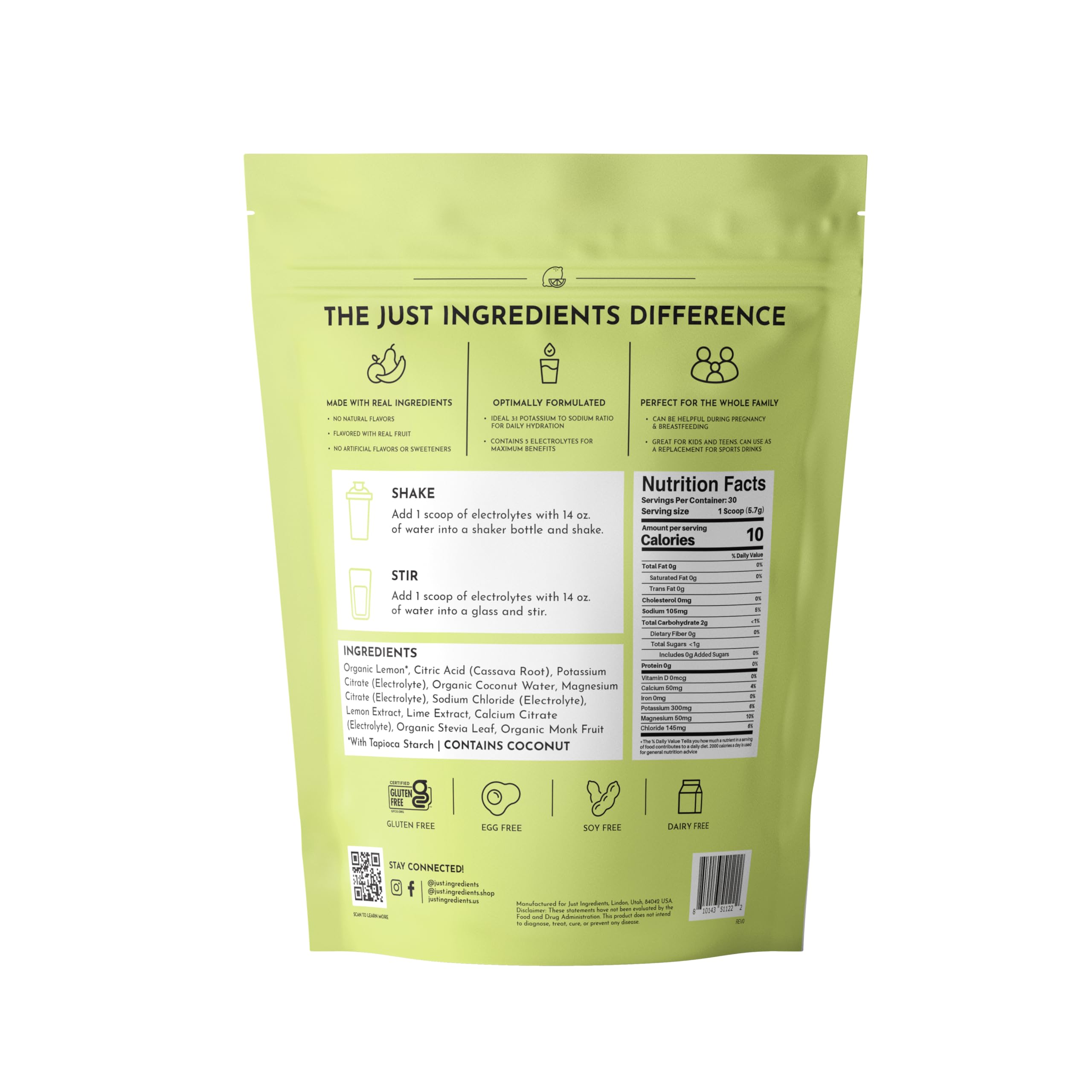 Just Ingredients Lemon Lime Electrolytes powder-dispense demonstrates easy mixing for on-the-go hydration.