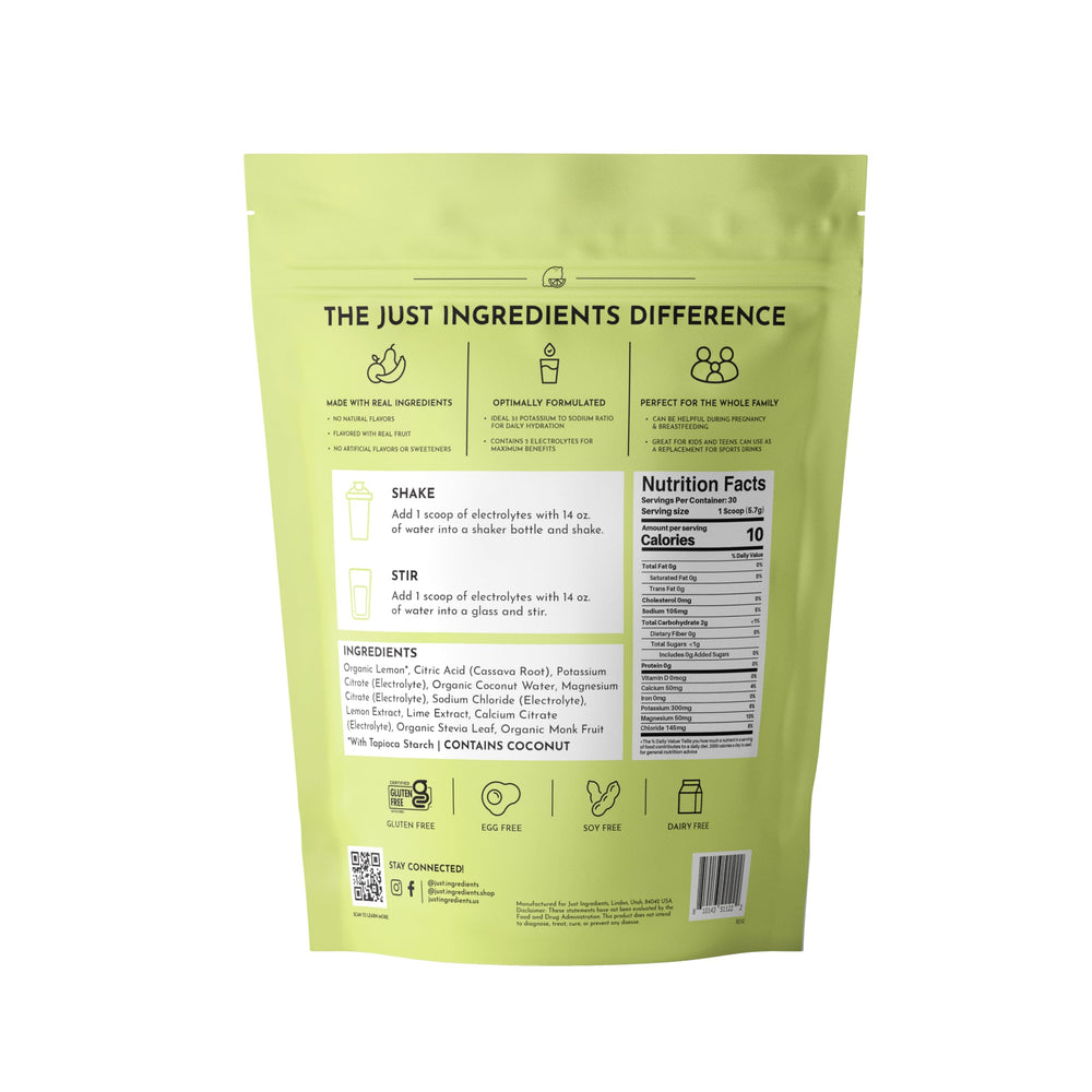 Just Ingredients Lemon Lime Electrolytes powder-dispense demonstrates easy mixing for on-the-go hydration.