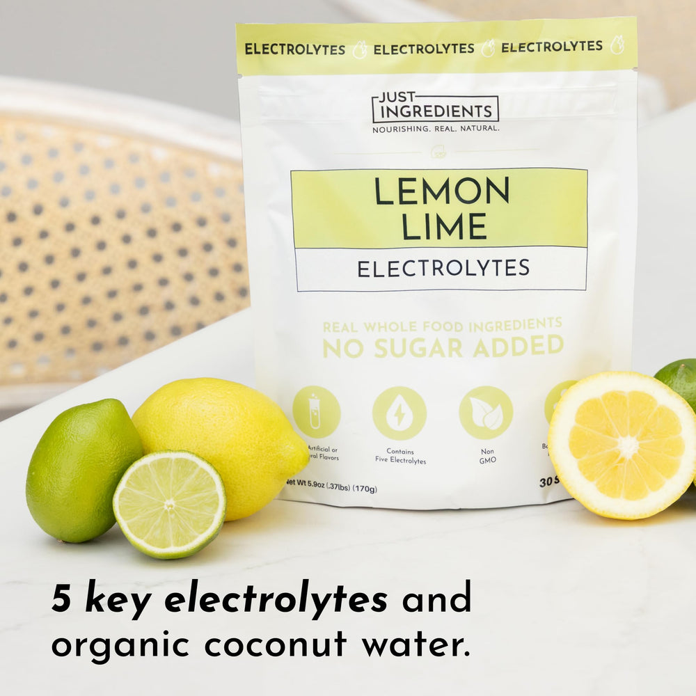 Just Ingredients Lemon Lime Electrolytes travel-pack showcases convenient hydration on the road.