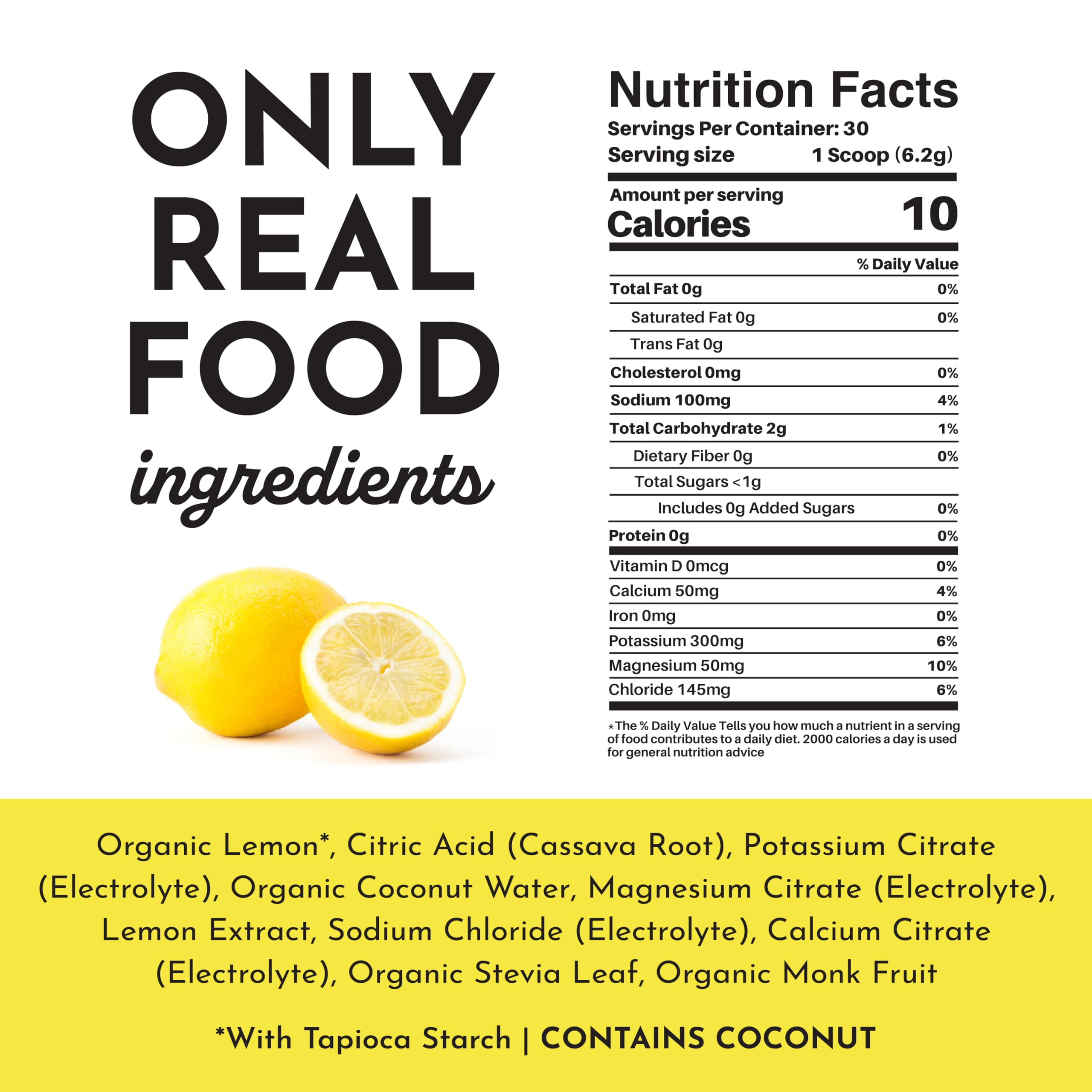 JUST INGREDIENTS Lemonade Electrolytes coconut minerals close-up energizing hydration.