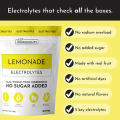 JUST INGREDIENTS Lemonade Electrolytes pour in glass demonstrates easy hydration on the go.