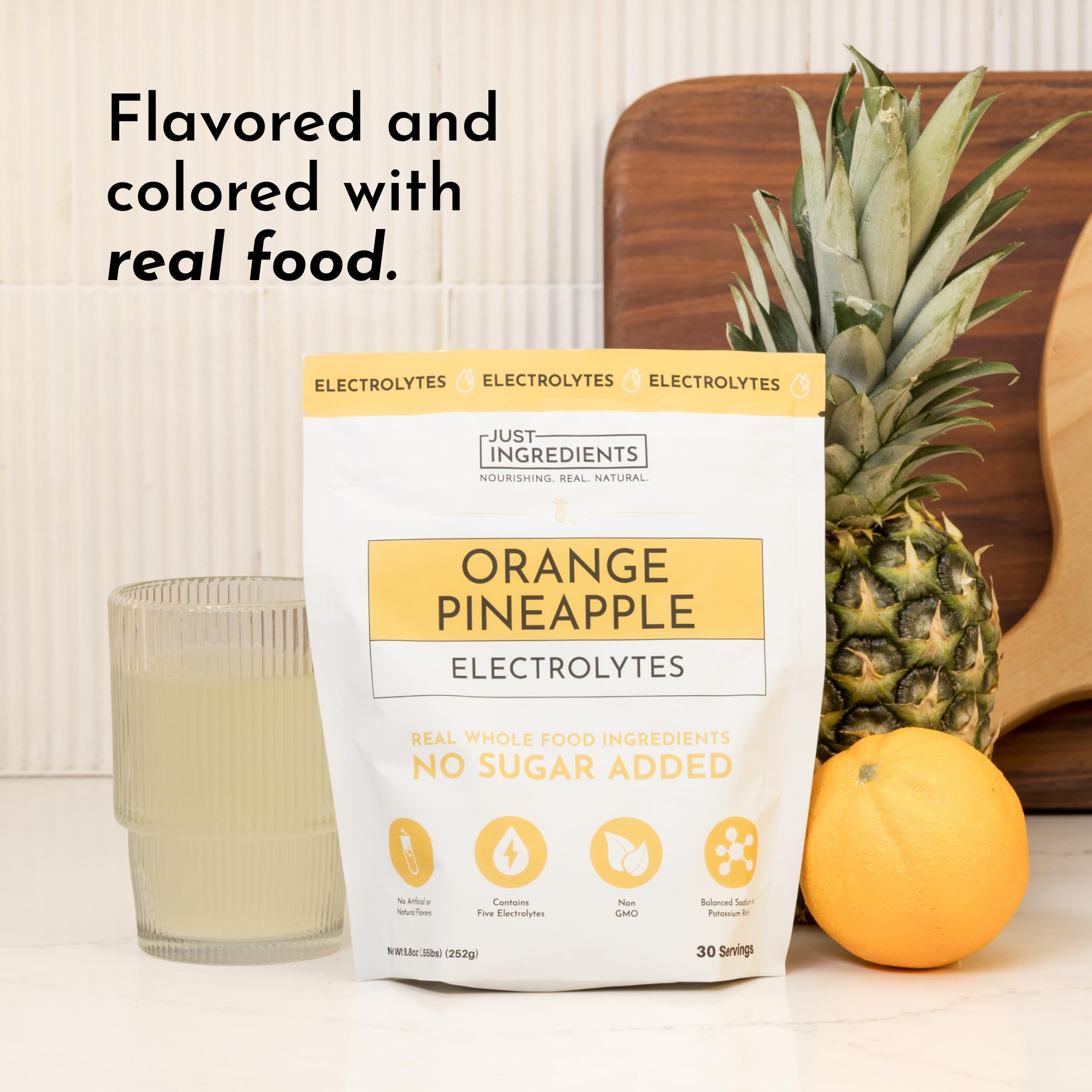 JUST INGREDIENTS Orange Pineapple Electrolytes coconut-water visual highlighting natural electrolytes