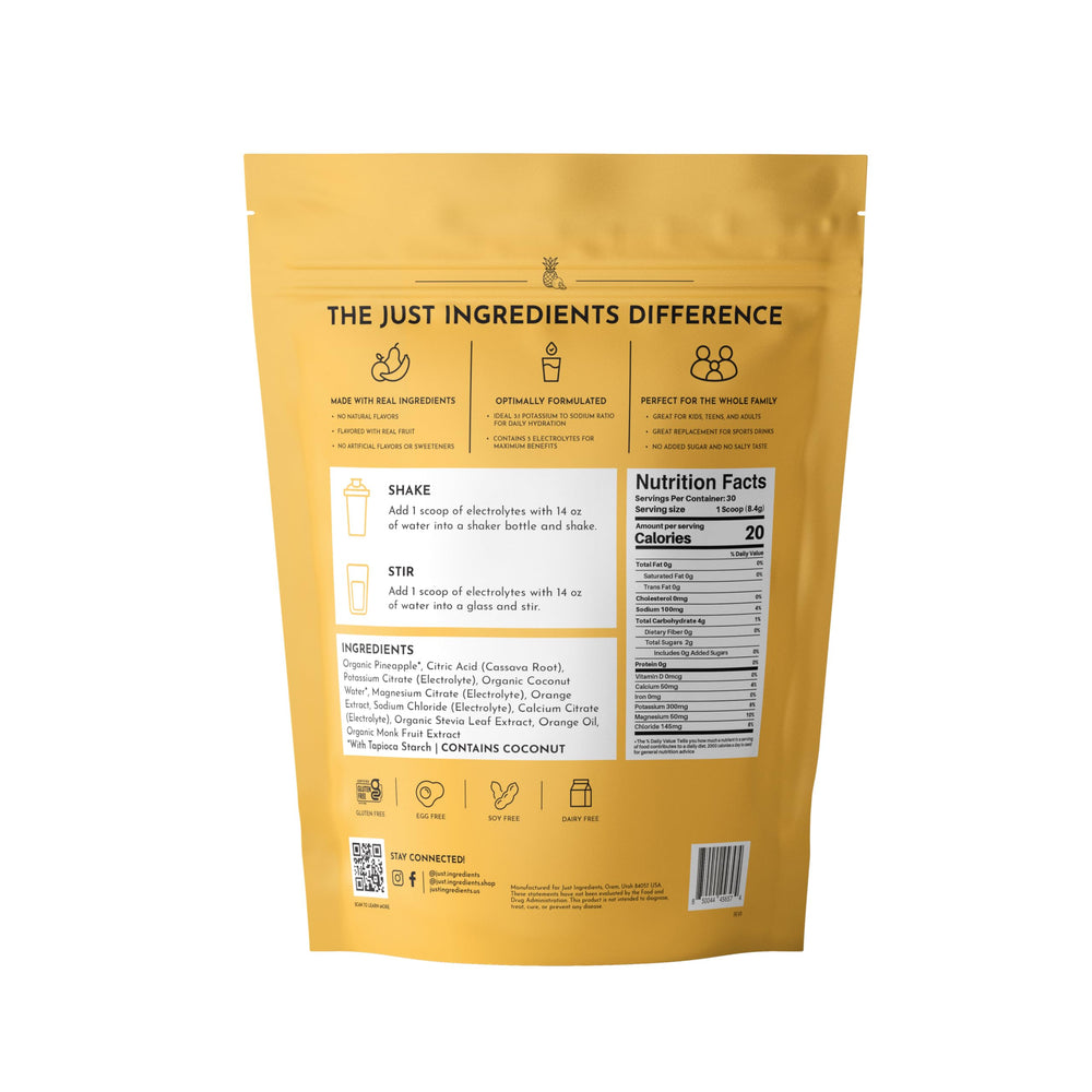 JUST INGREDIENTS Orange Pineapple Electrolytes package nutrition panel showing minerals for balance