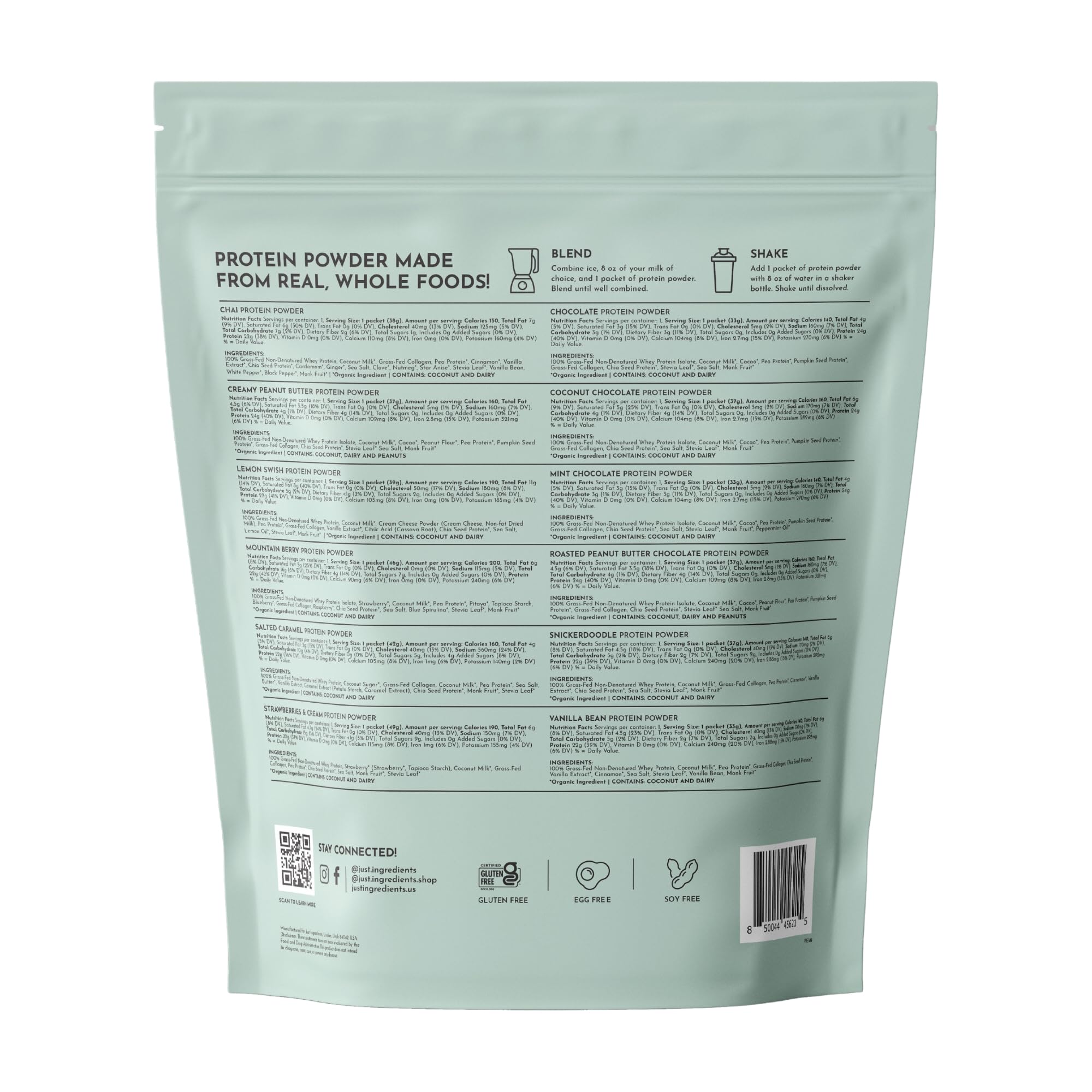 JUST INGREDIENTS protein powder gluten-free label confirms clean ingredient choices.
