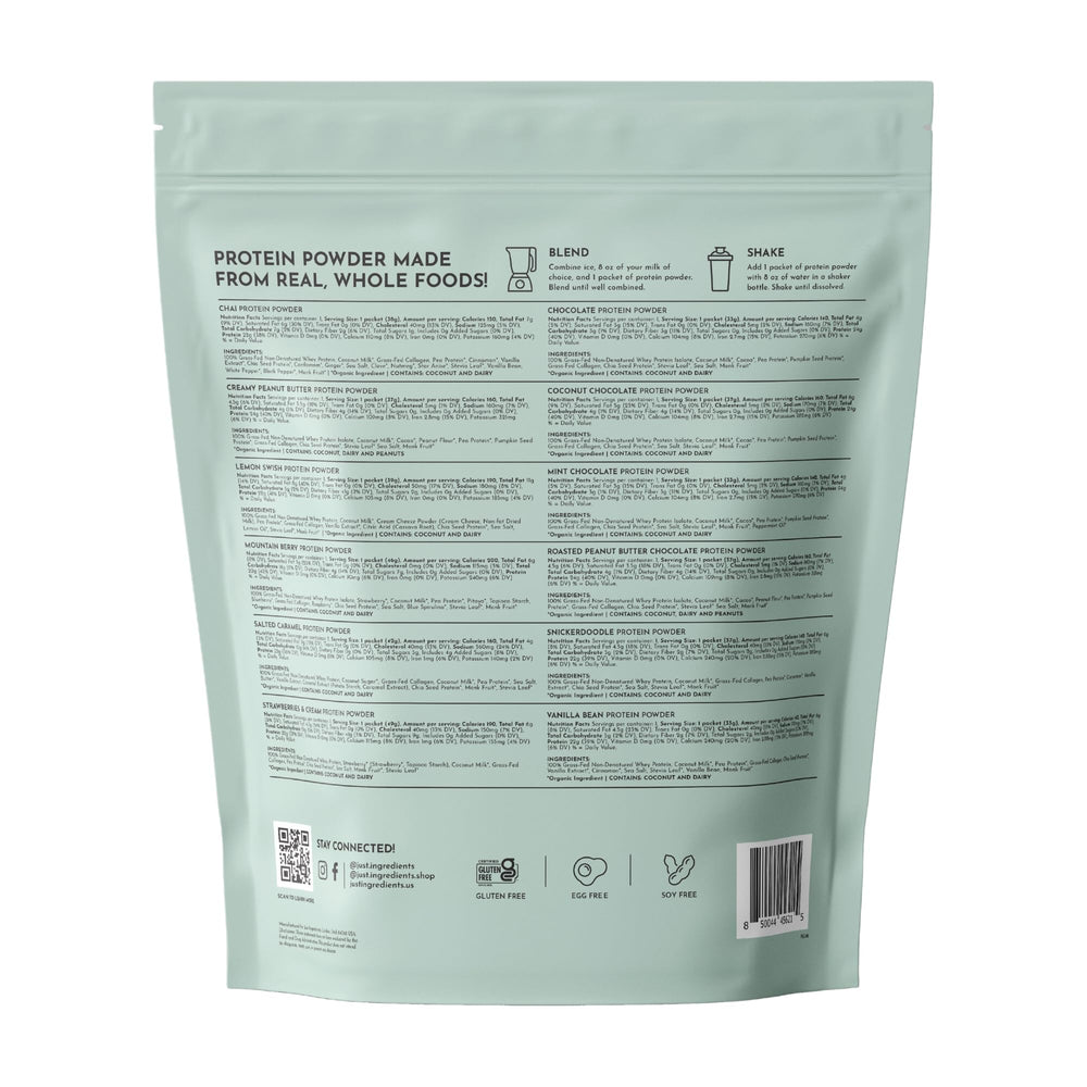 JUST INGREDIENTS protein powder gluten-free label confirms clean ingredient choices.