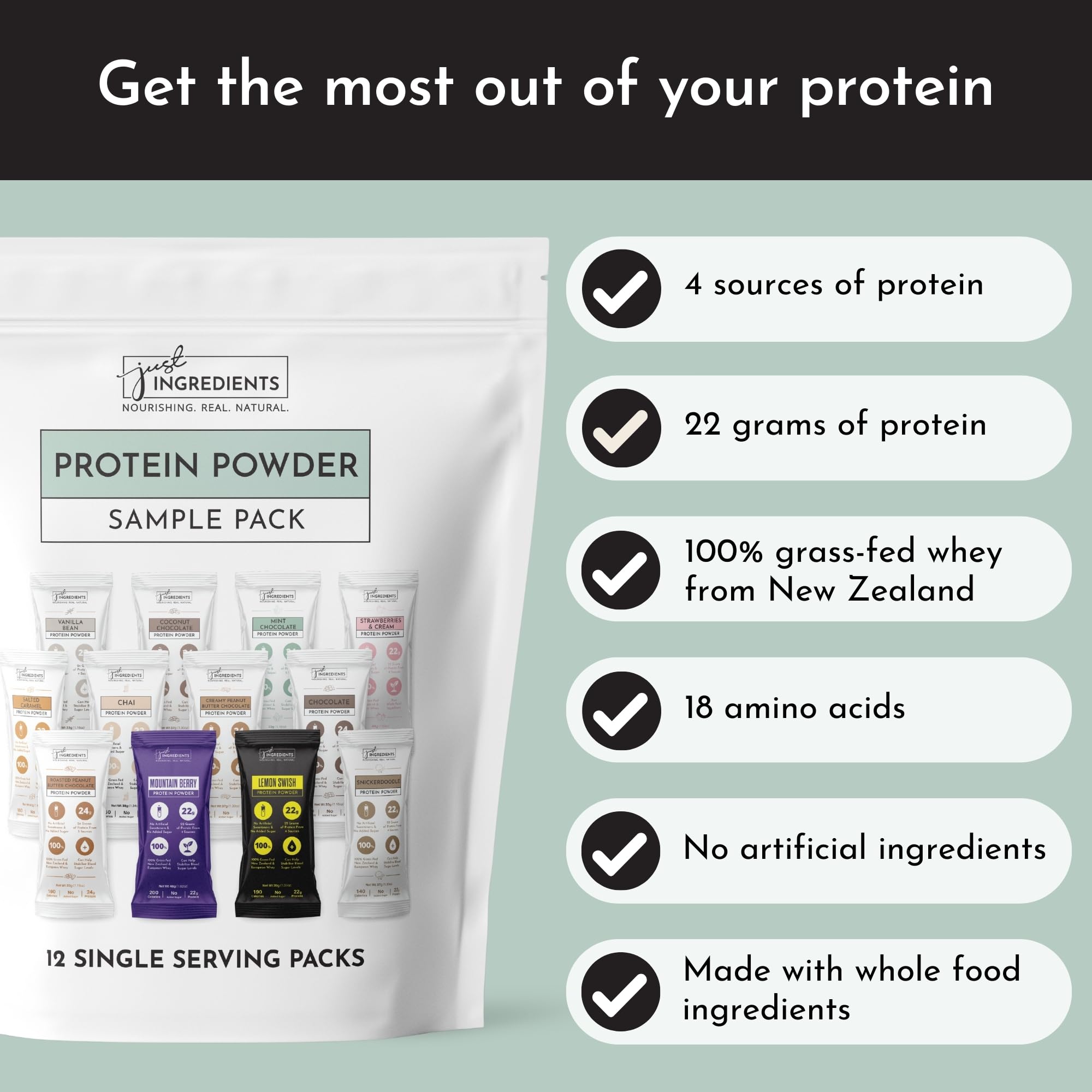 JUST INGREDIENTS protein powder shake glass emphasizes creamy texture with natural stevia sweetness.