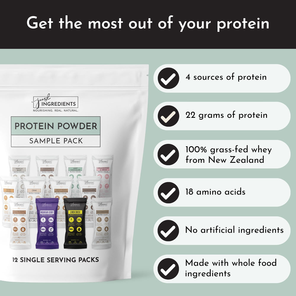JUST INGREDIENTS protein powder shake glass emphasizes creamy texture with natural stevia sweetness.