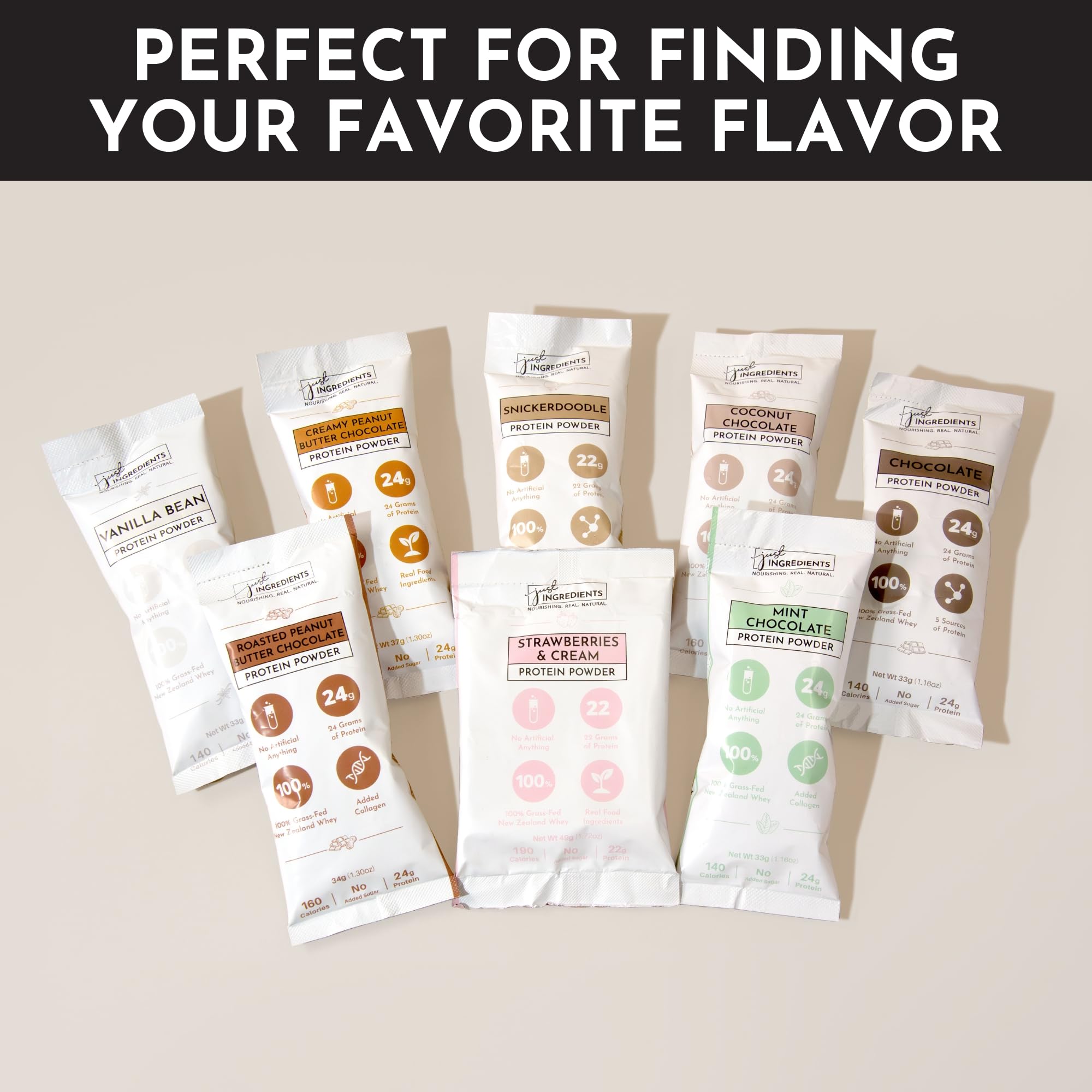 JUST INGREDIENTS protein powder variety flavors display invites flavor exploration.