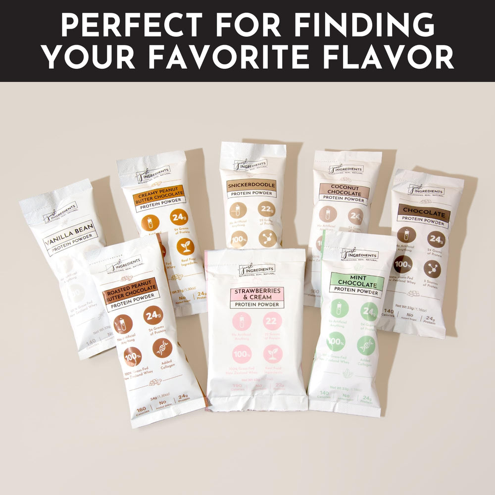 JUST INGREDIENTS protein powder variety flavors display invites flavor exploration.