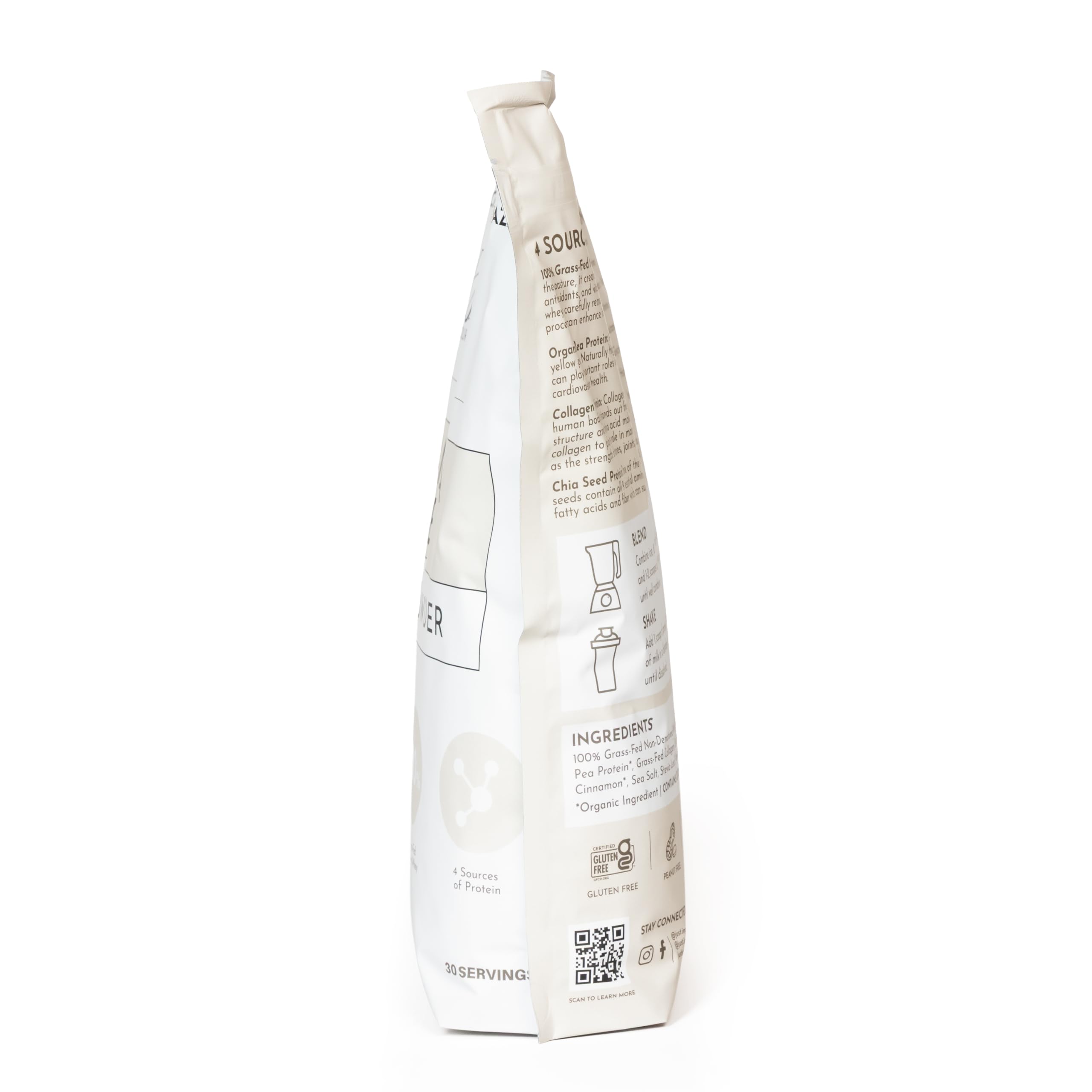 JUST INGREDIENTS Protein powder scoop beside jar communicates versatile use in smoothies or baking.
