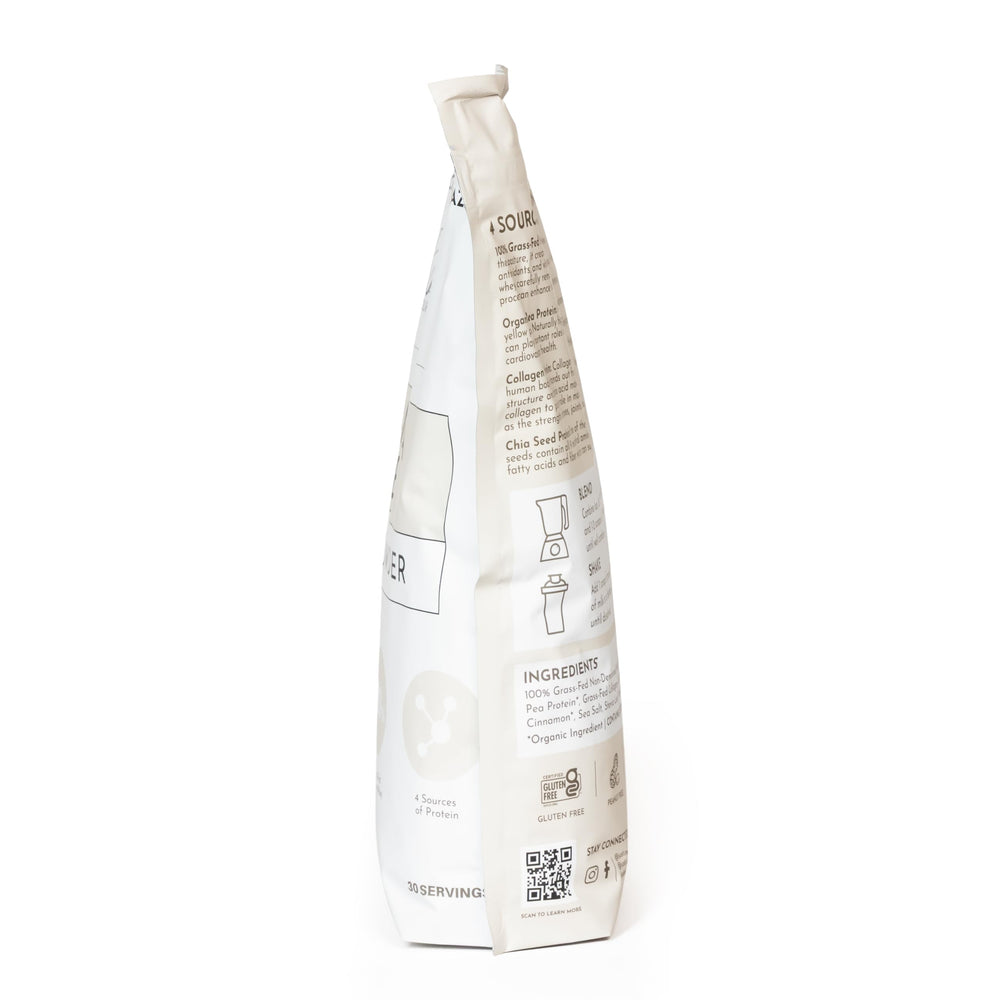 JUST INGREDIENTS Protein powder scoop beside jar communicates versatile use in smoothies or baking.