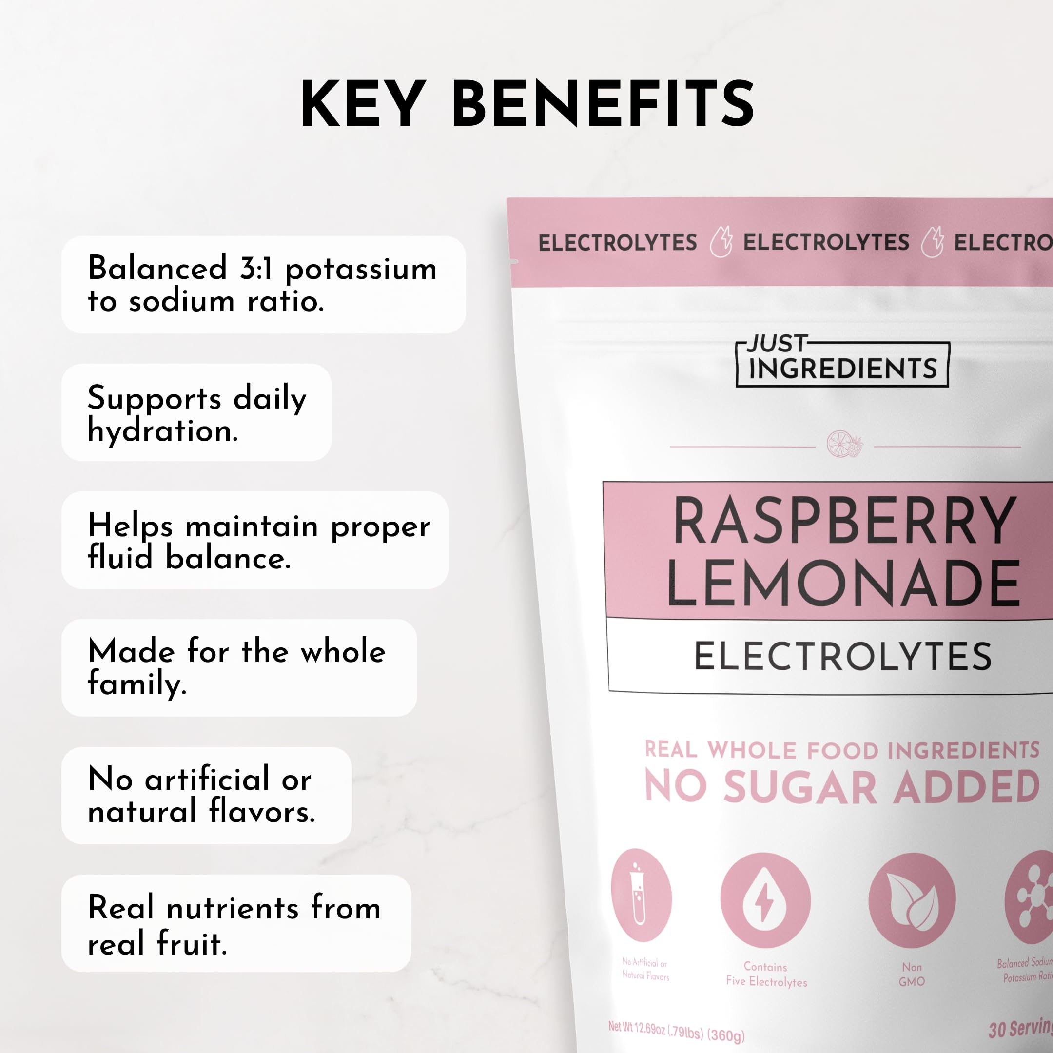 Just Ingredients Raspberry Lemonade Electrolytes glass presents a refreshing daily hydration moment