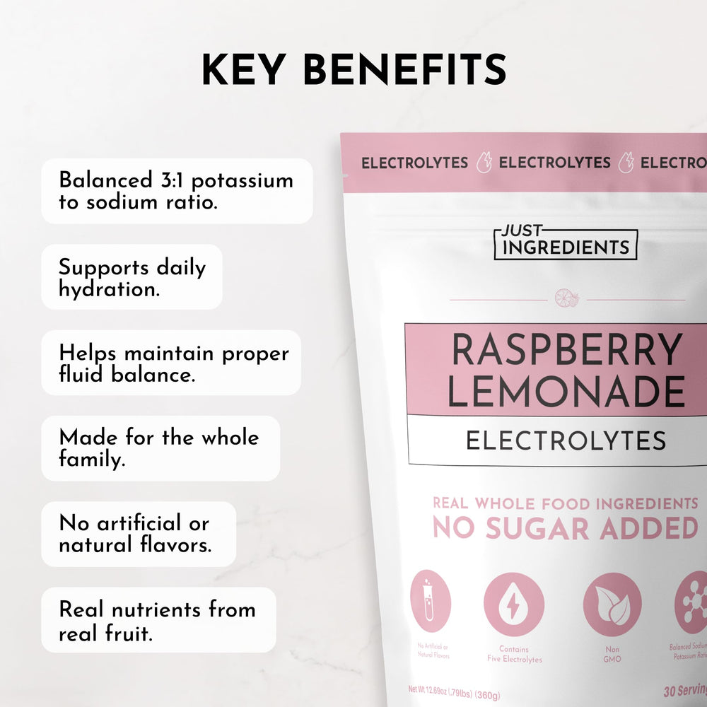 Just Ingredients Raspberry Lemonade Electrolytes glass presents a refreshing daily hydration moment