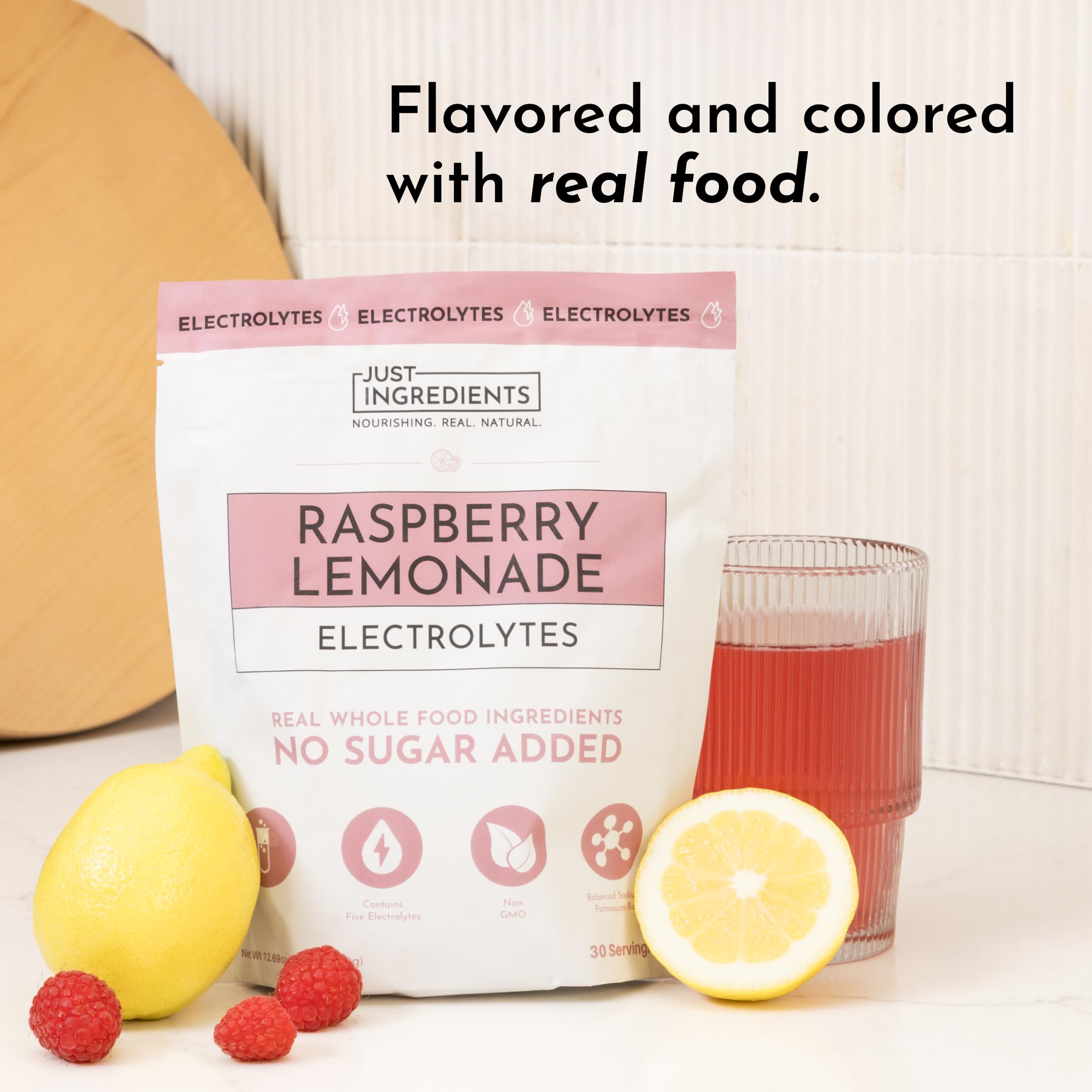 Just Ingredients Raspberry Lemonade Electrolytes label underlines clean ingredients and real fruit flavor