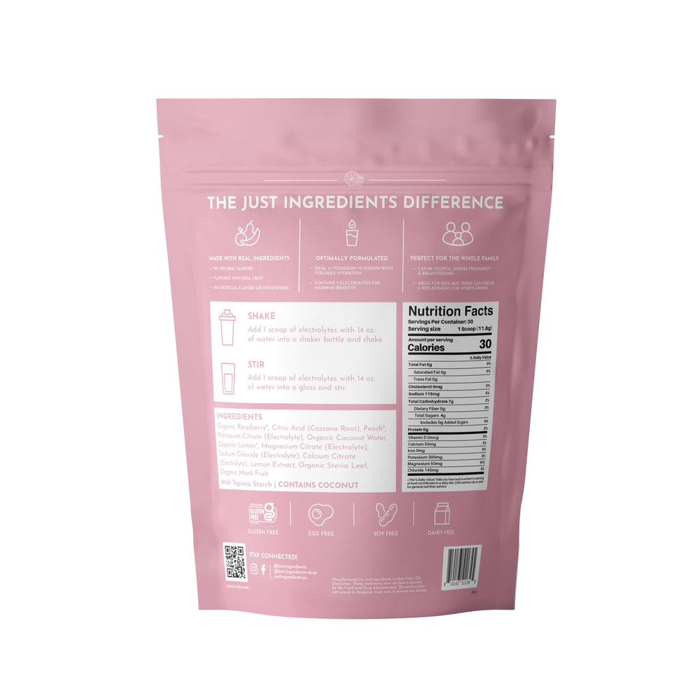 Just Ingredients Raspberry Lemonade Electrolytes pour shows easy on-the-go mixing