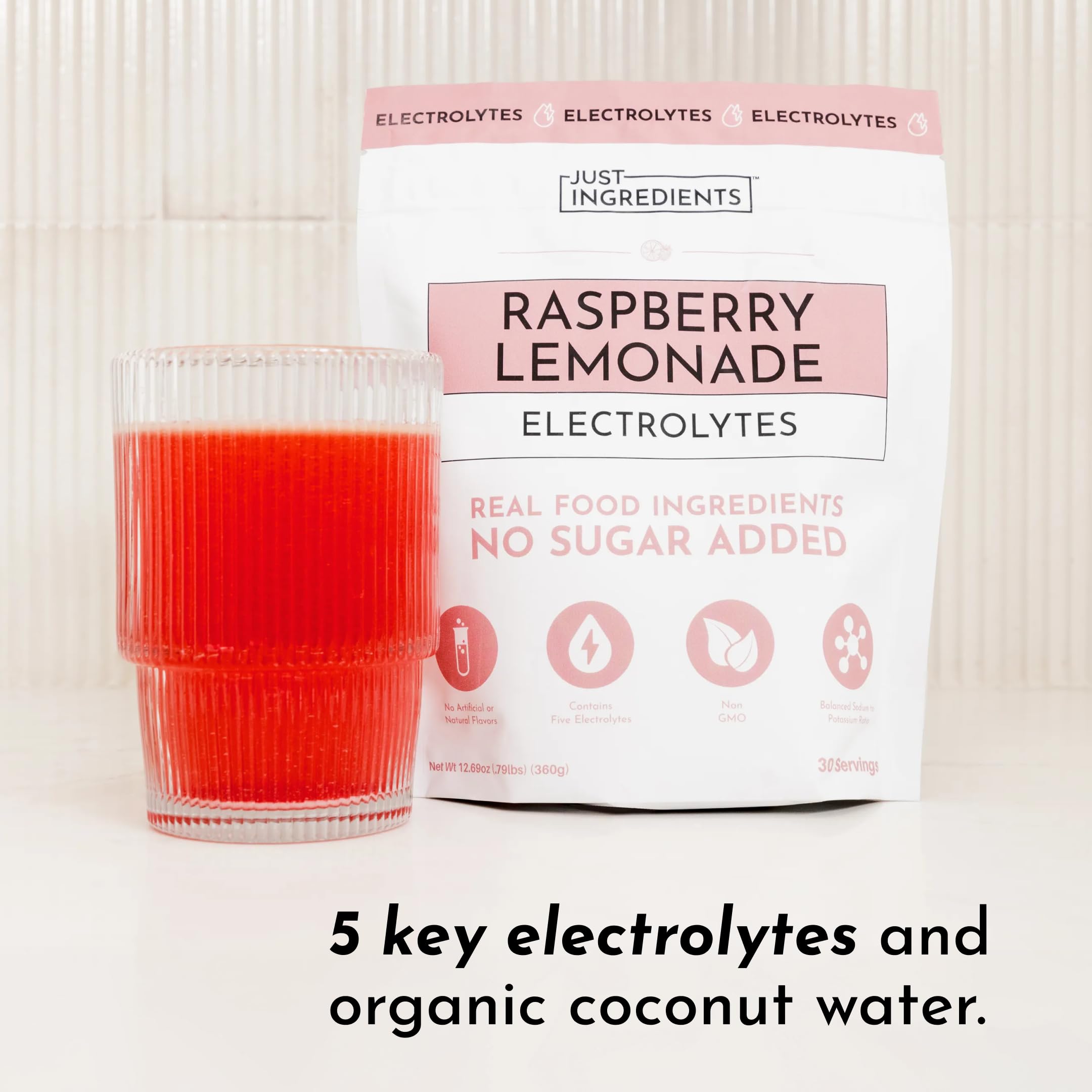 Just Ingredients Raspberry Lemonade Electrolytes travel setup for gym or outdoors
