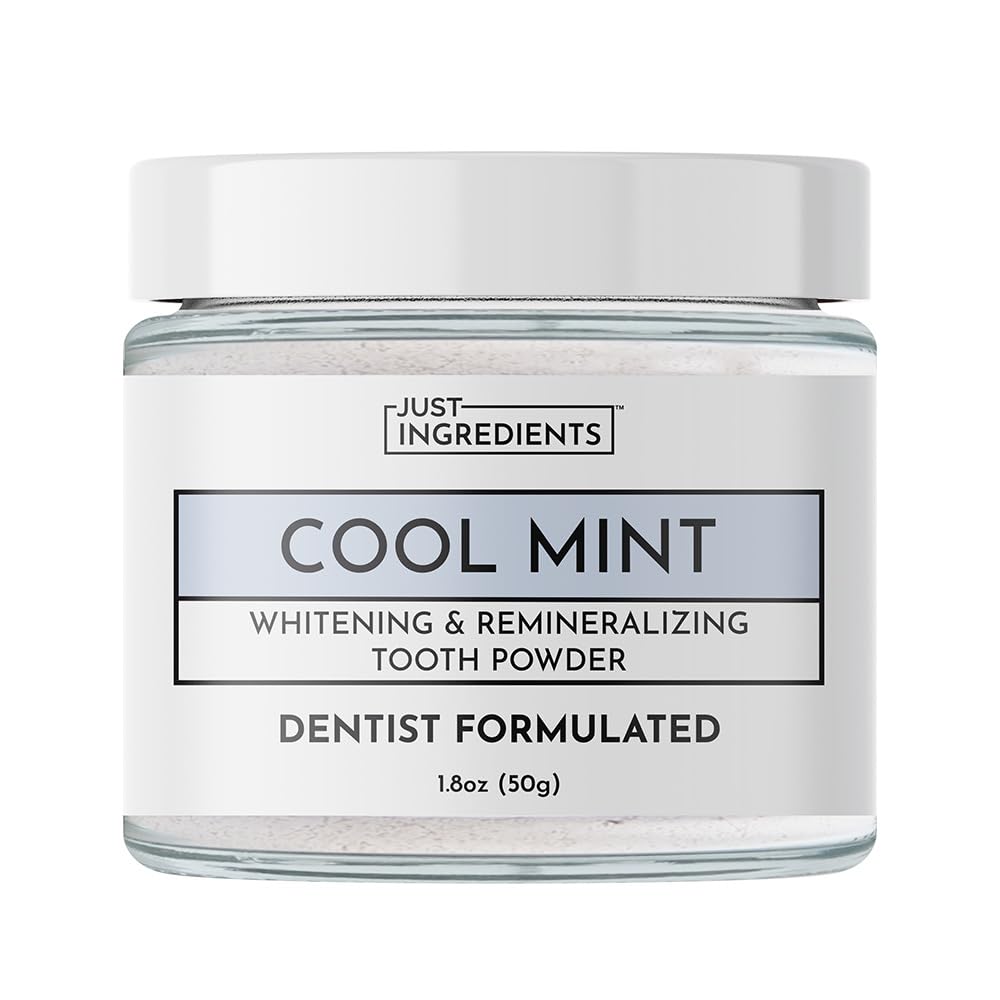 Just Ingredients remineralizing tooth powder bottle with fluoride-free enamel support