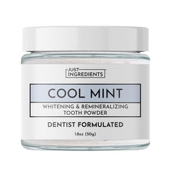 Just Ingredients remineralizing tooth powder bottle with fluoride-free enamel support