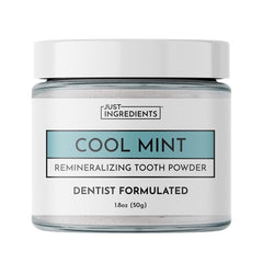 JUST INGREDIENTS remineralizing tooth powder packaging highlights family-friendly, fluoride-free oral care