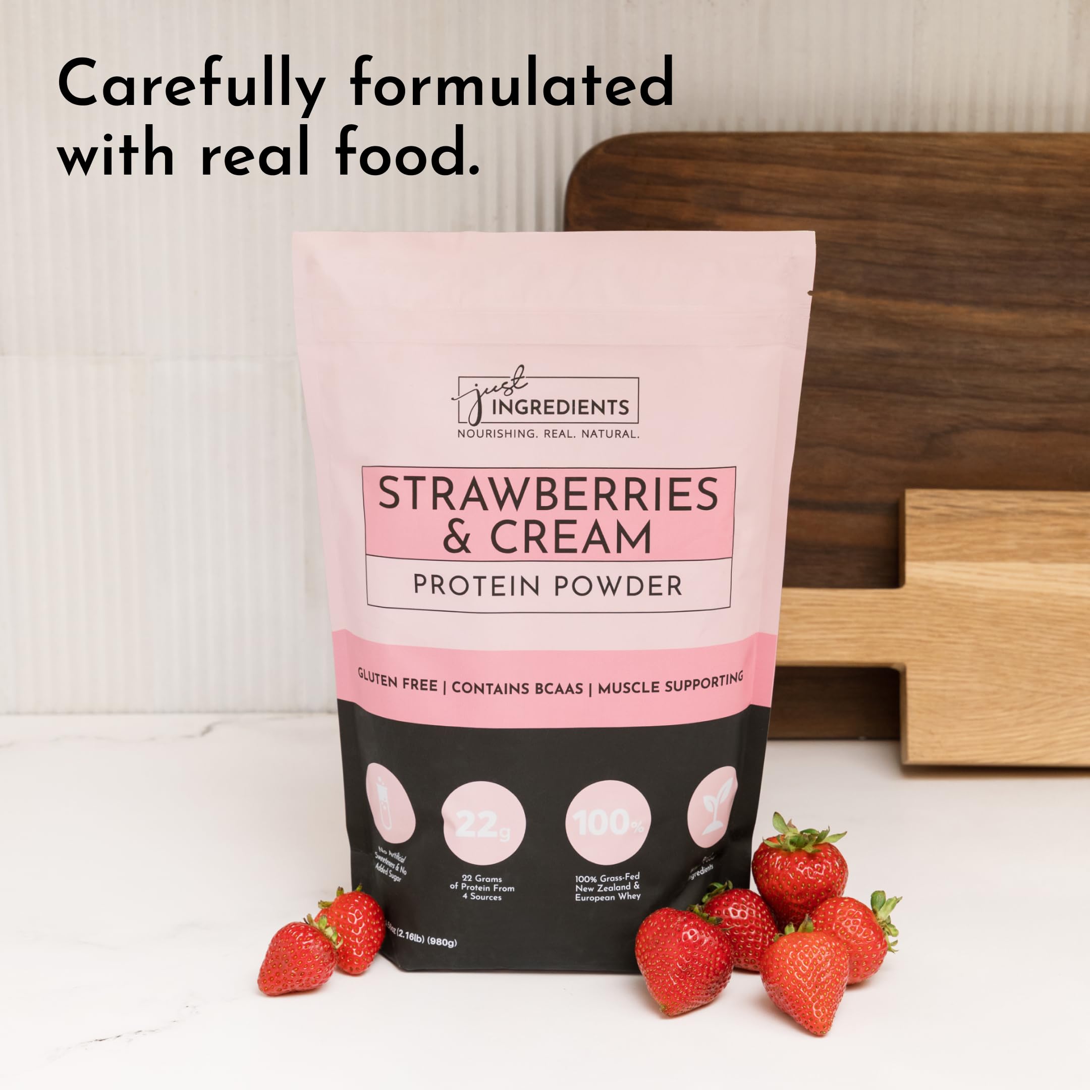 JUST INGREDIENTS packaging and nutrition panel on tub showing gluten-free and soy-free formula
