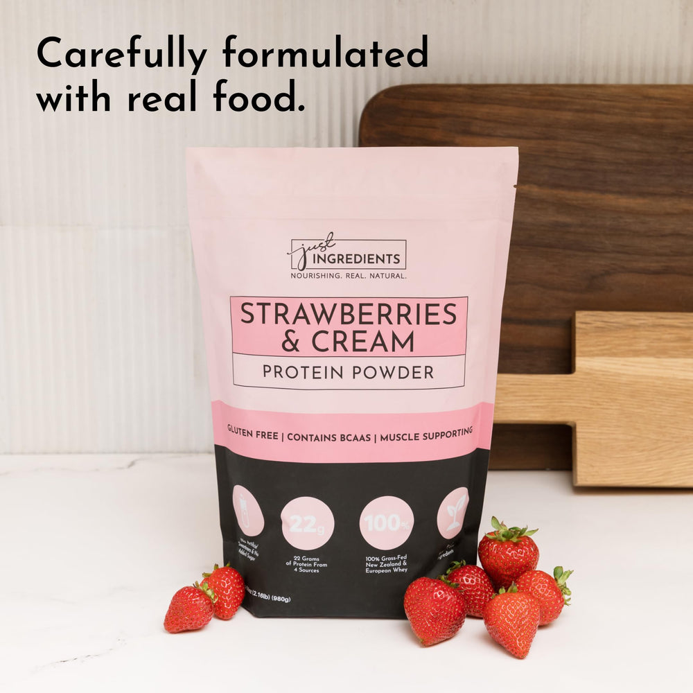 JUST INGREDIENTS packaging and nutrition panel on tub showing gluten-free and soy-free formula