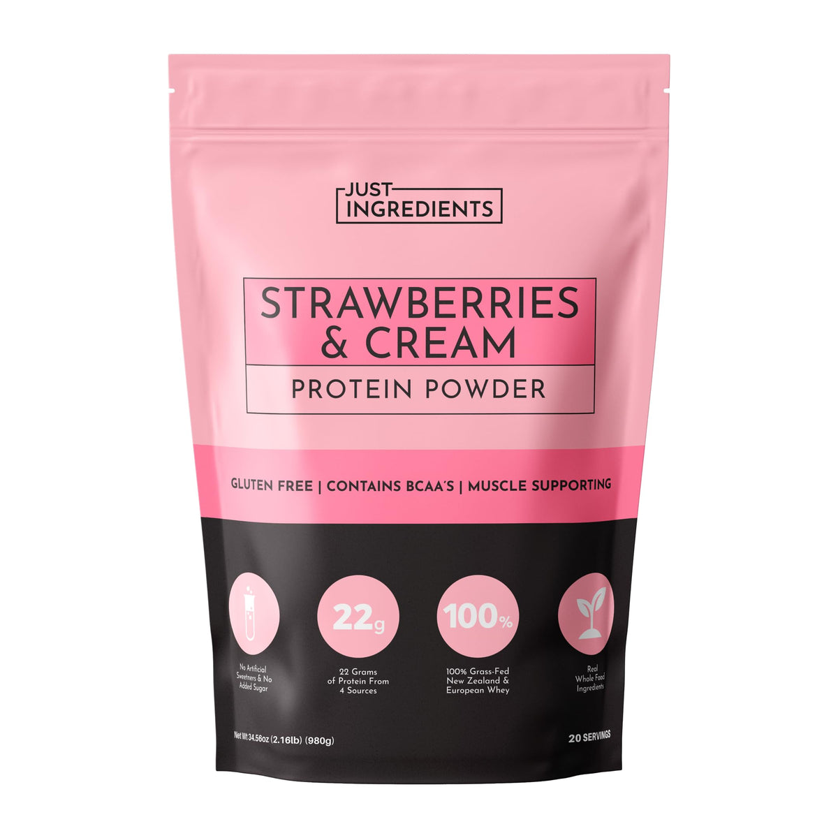 JUST INGREDIENTS Strawberries & Cream protein bottle showing premium blend for post-workout recovery