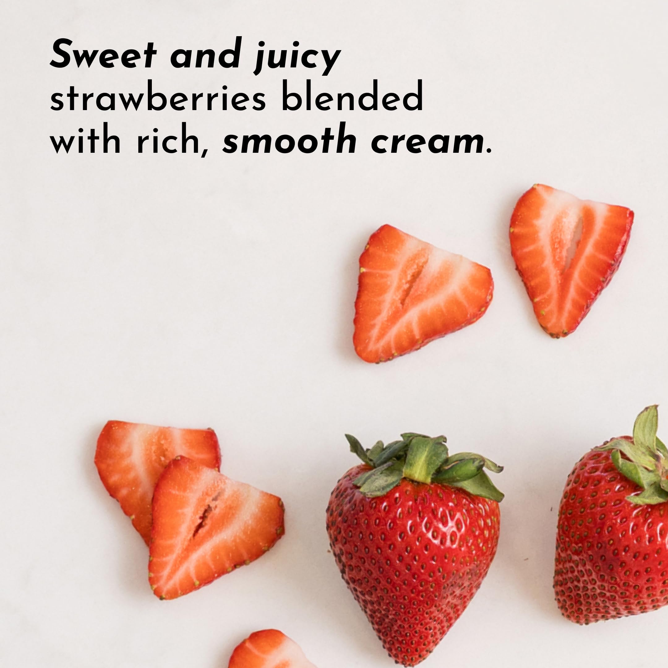 JUST INGREDIENTS Powder being poured for shake highlighting real strawberry flavor and mixability