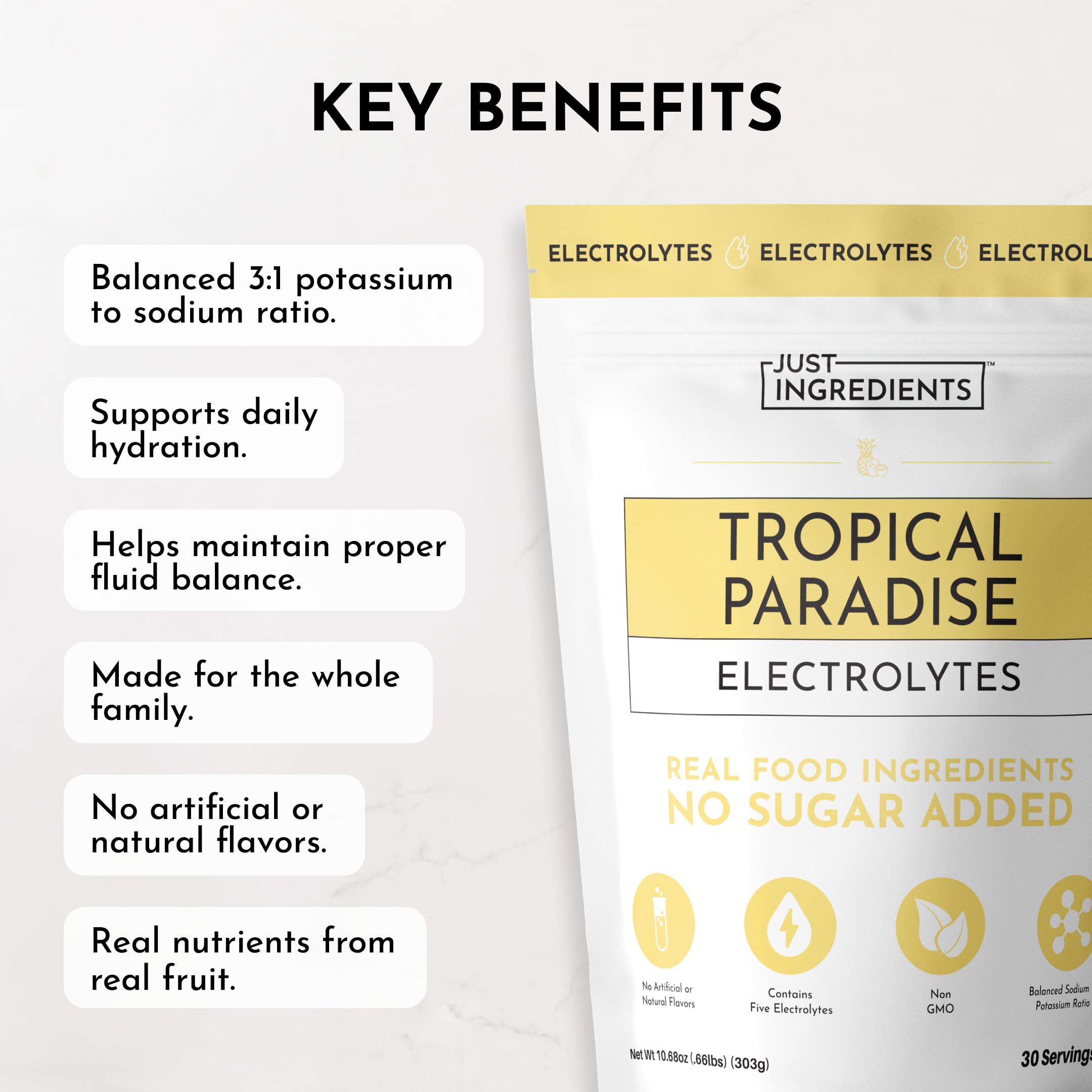JUST INGREDIENTS Tropical Paradise Electrolytes Measuring Scoop ready to mix for easy hydration.