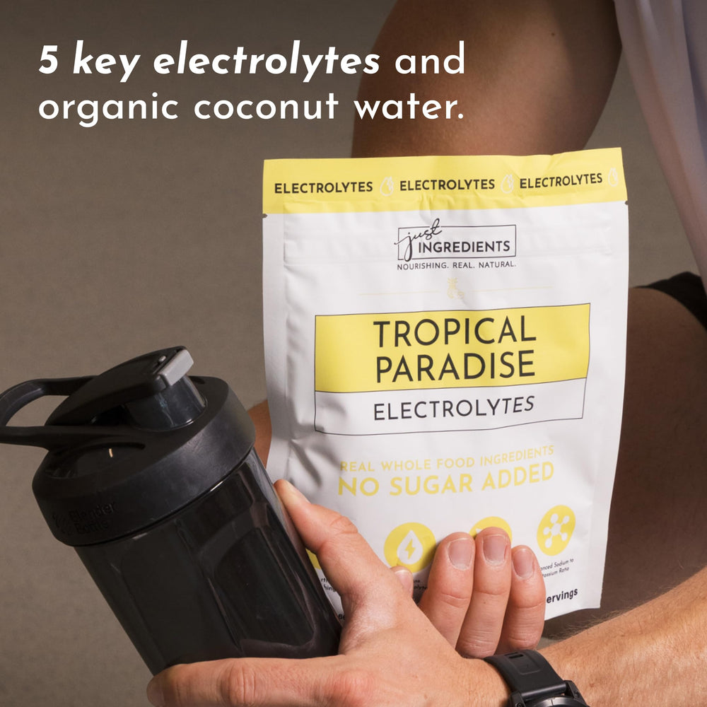 JUST INGREDIENTS Tropical Paradise Electrolytes Packaging Tub highlighting value.