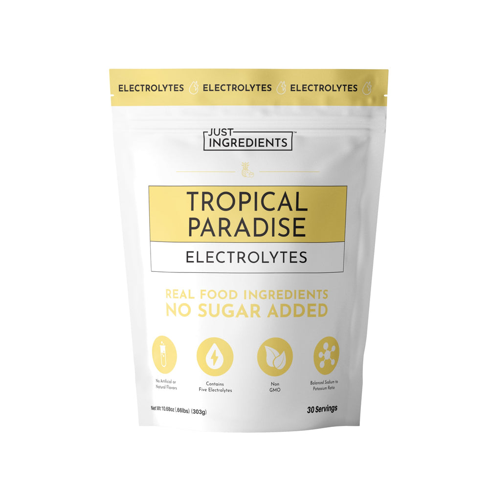 JUST INGREDIENTS Tropical Paradise Electrolytes Powder Bottle for quick hydration on the go.