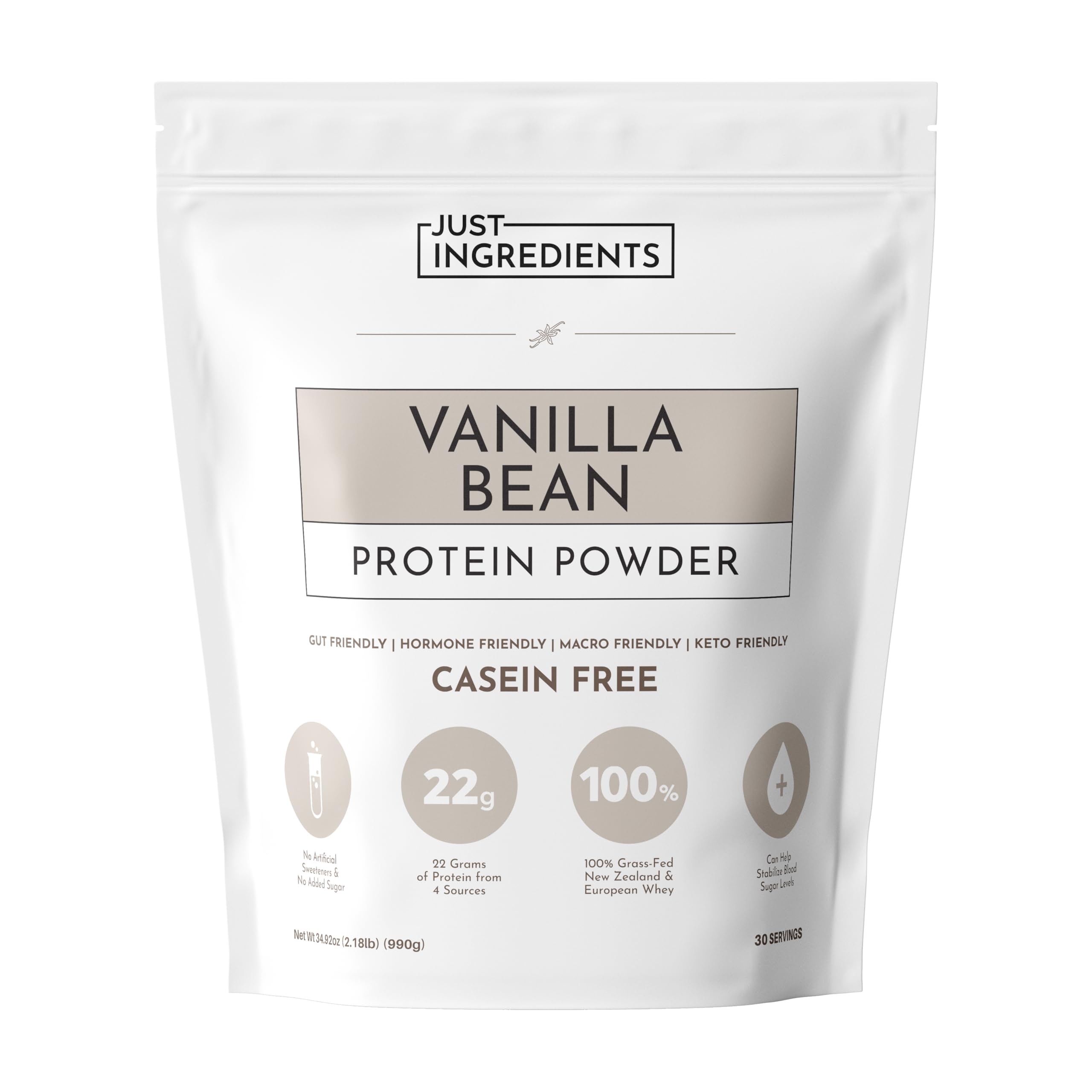 JUST INGREDIENTS Vanilla Bean Protein Powder bottle shows real vanilla and clean ingredients for sustained energy.