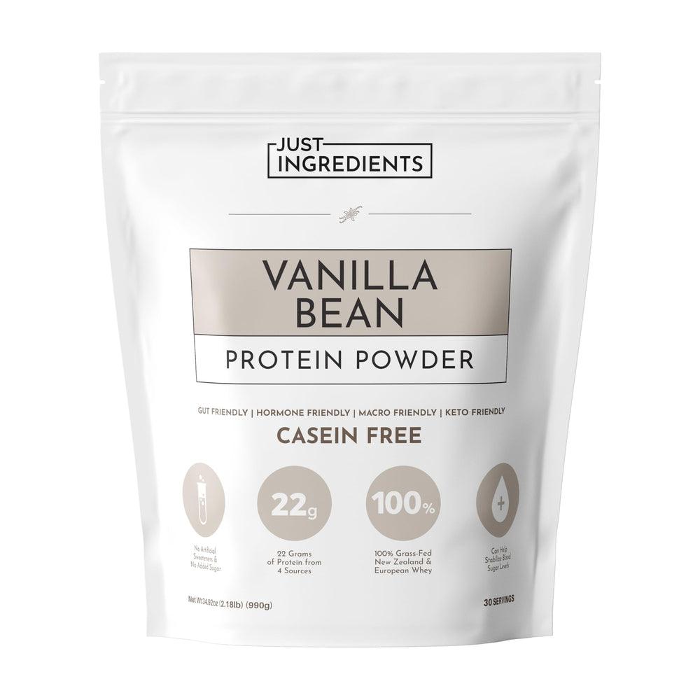 JUST INGREDIENTS Vanilla Bean Protein Powder bottle shows real vanilla and clean ingredients for sustained energy.