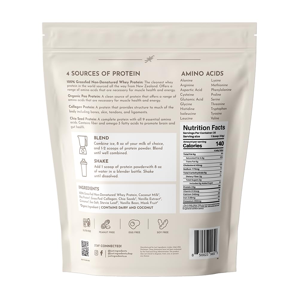 JUST INGREDIENTS Vanilla Bean Protein Powder canister emphasizes grass-fed whey and plant mix for lean support.